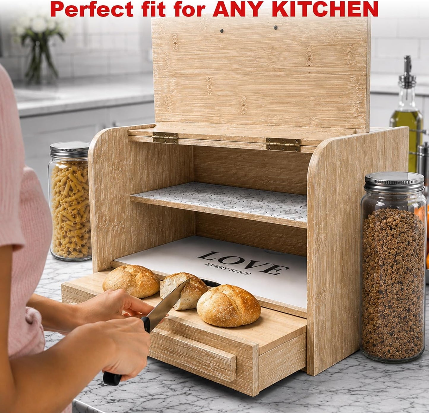 KNIFEPLANET Premium FULLY ASSEMBLED Bamboo Bread Box – Extra Large Real Wood Bread Box for Kitchen Countertop Storage