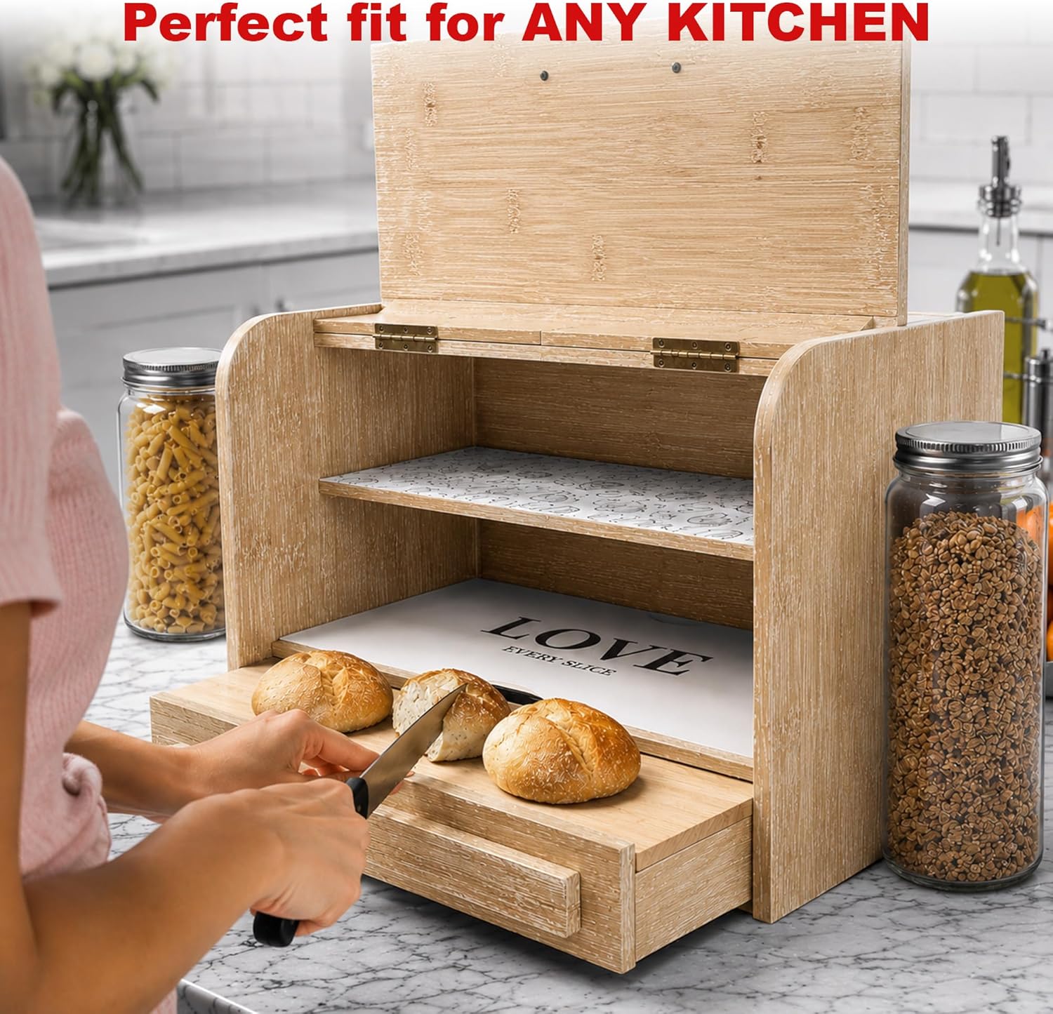 KNIFEPLANET Premium FULLY ASSEMBLED Bamboo Bread Box – Extra Large Real Wood Bread Box for Kitchen Countertop Storage