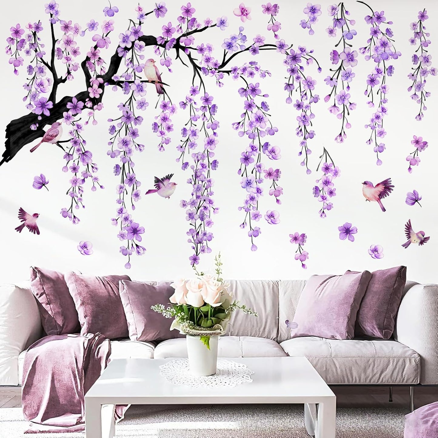 Cherry Blossom Branch Wall Stickers Large Right-Extending Floral Bird Wall Decals Peel / Purple