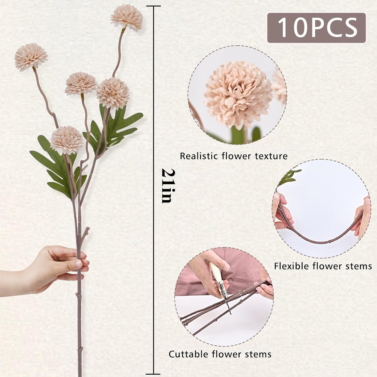 Fake Silk Pompon Mum Artificial Flowers / Beige / Set of 10