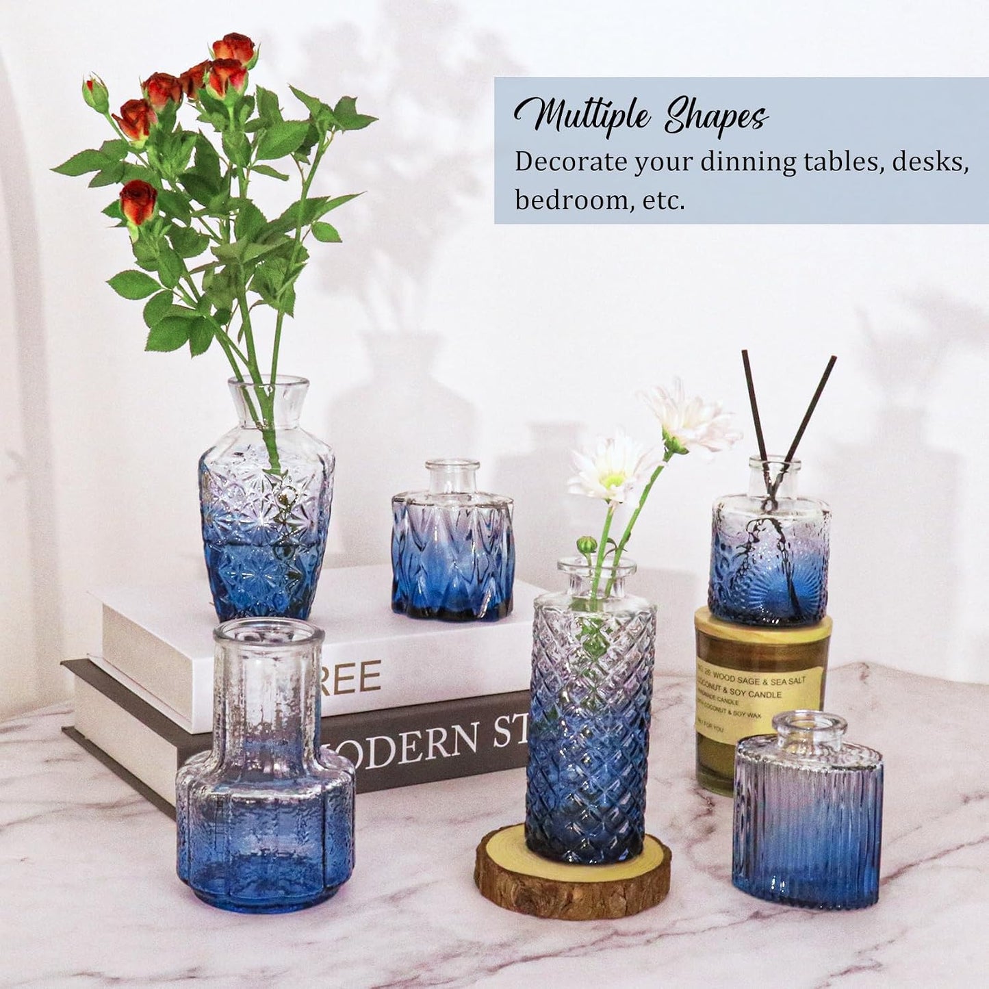 Bud Vases Set Small Vintage Glass Bottles Bud Vases in Bulk Multiple Shape Glass / Blue / Set of 36