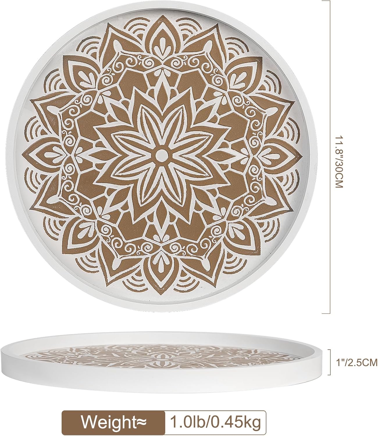 Wood Texture Boho Ottoman Serving Tray / White