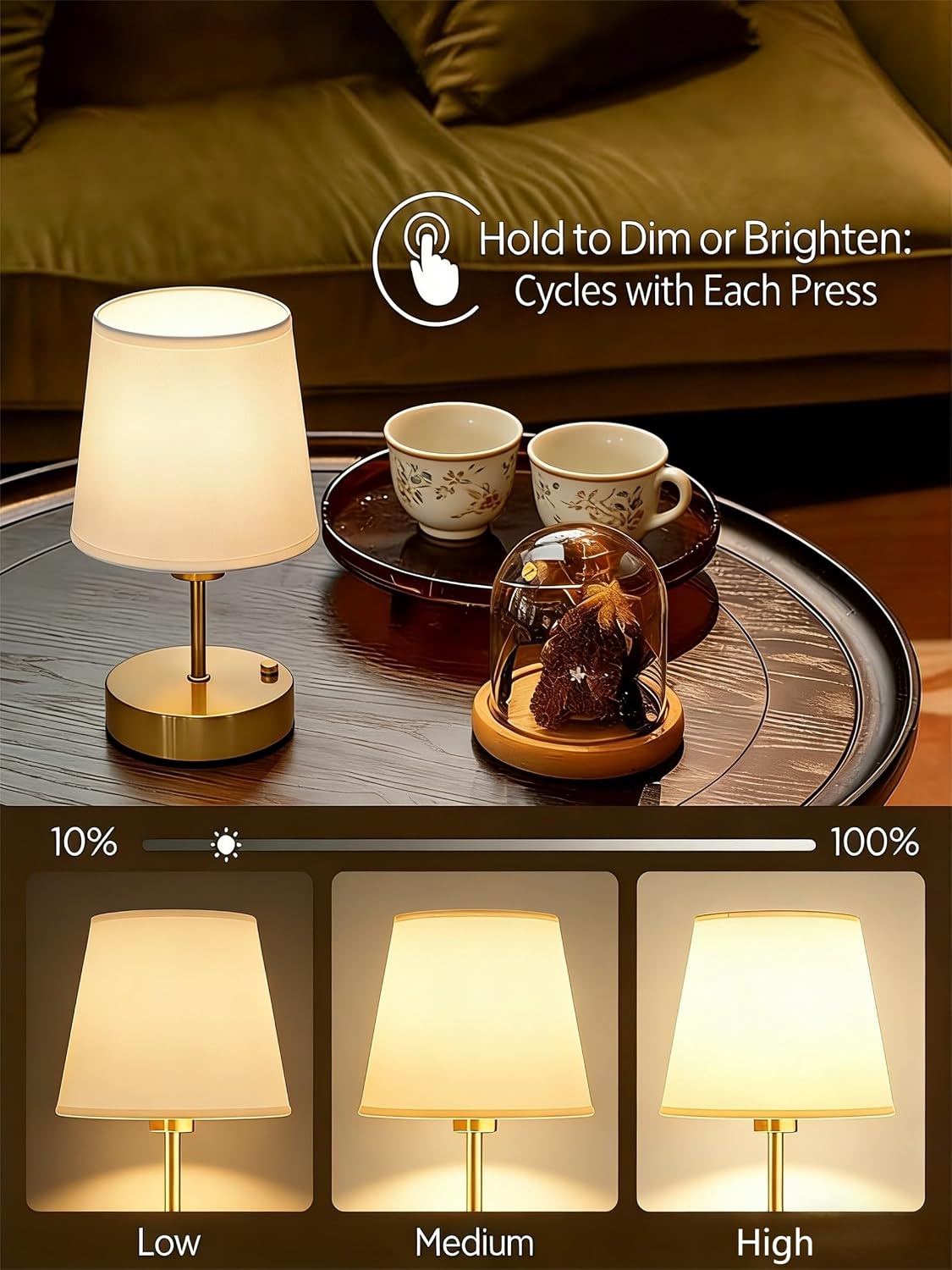 Gold Portable Cordless Table Lamp, Rechargeable Bedside Lamp, Mini | 3000mAh battery, touch stepless dimming, 2700K