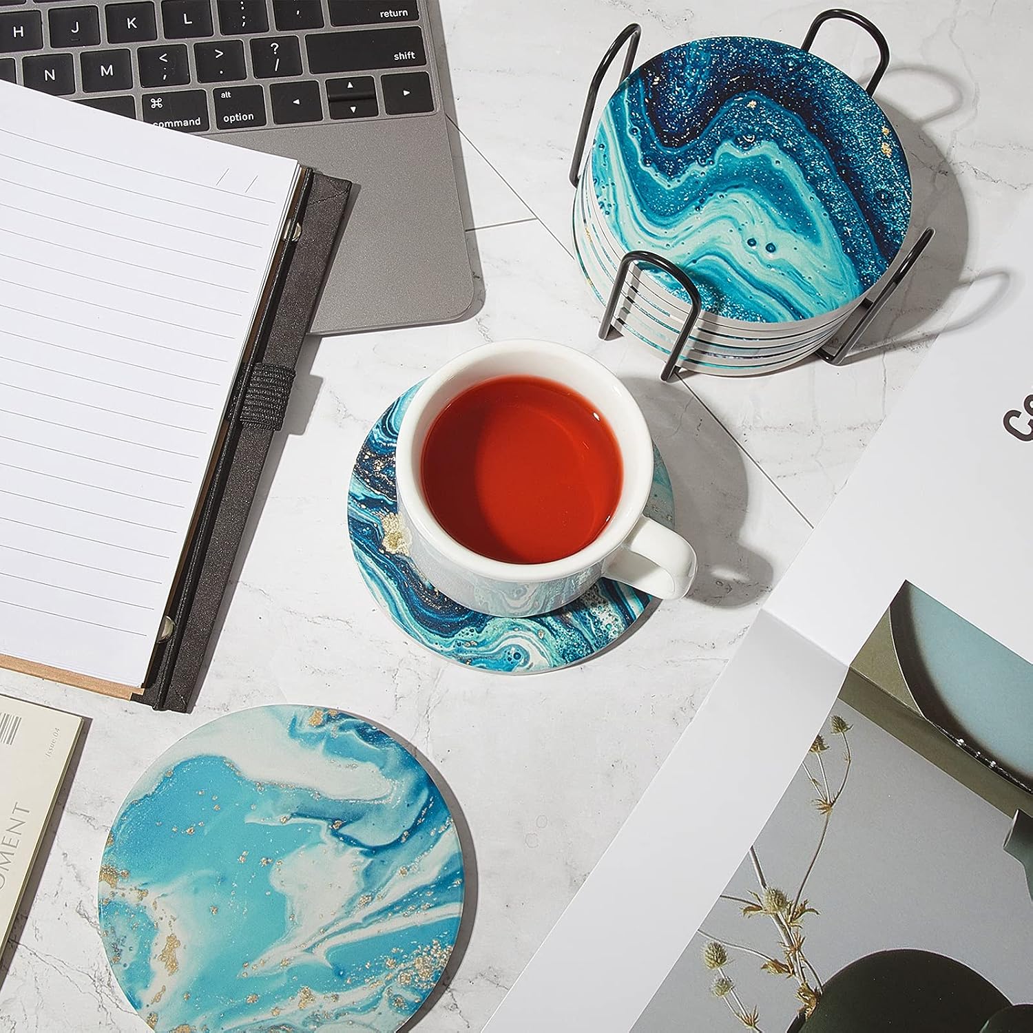 Holder / Marble Ocean Pattern Ceramic Absorbent Ocean Style Absorbent Ceramic Coasters / Set of 8