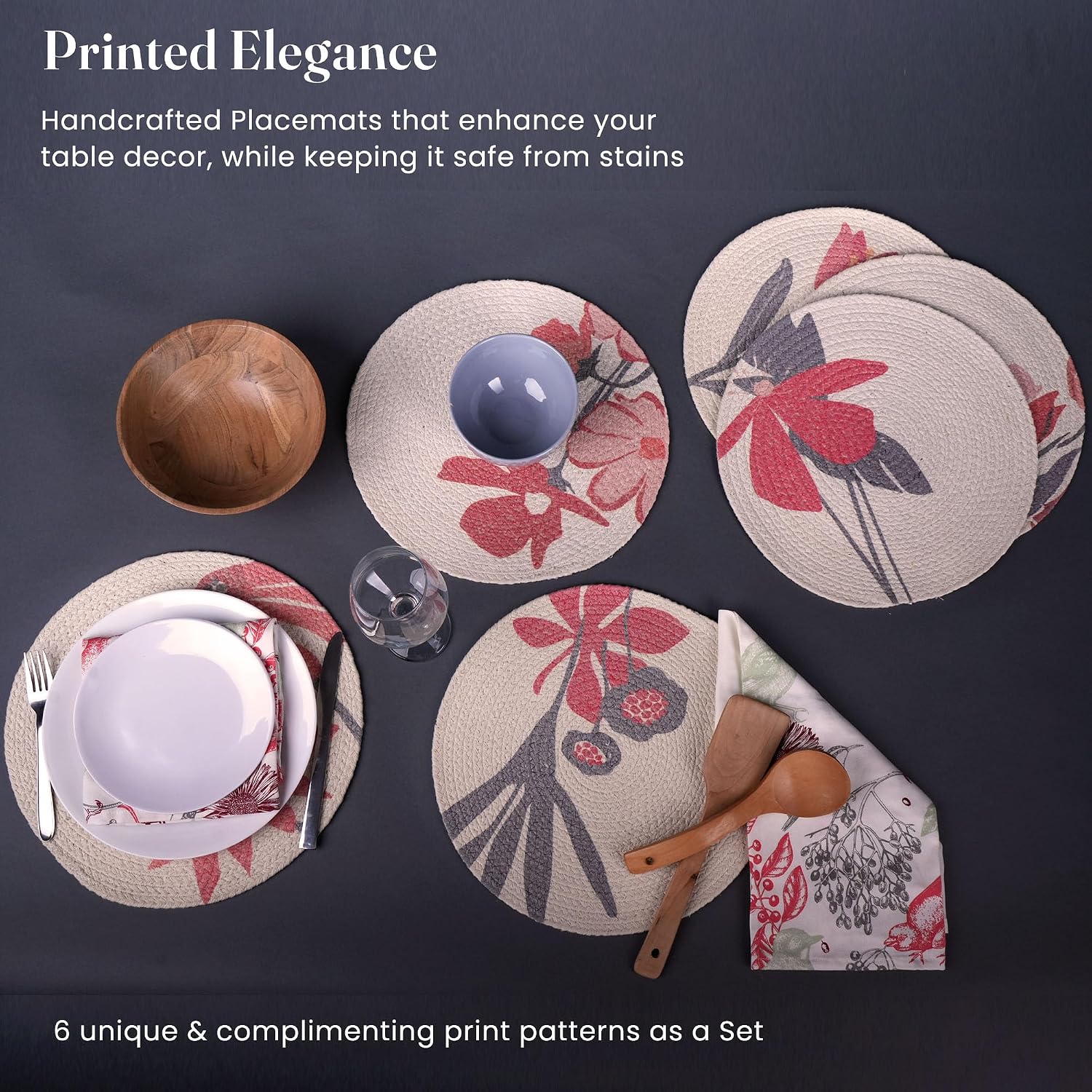 The Fine Living Braided Cotton Placemats, Round Table Mats, Set of 6,13.5" | Washable Anti-Slip Heat Resistant Braided