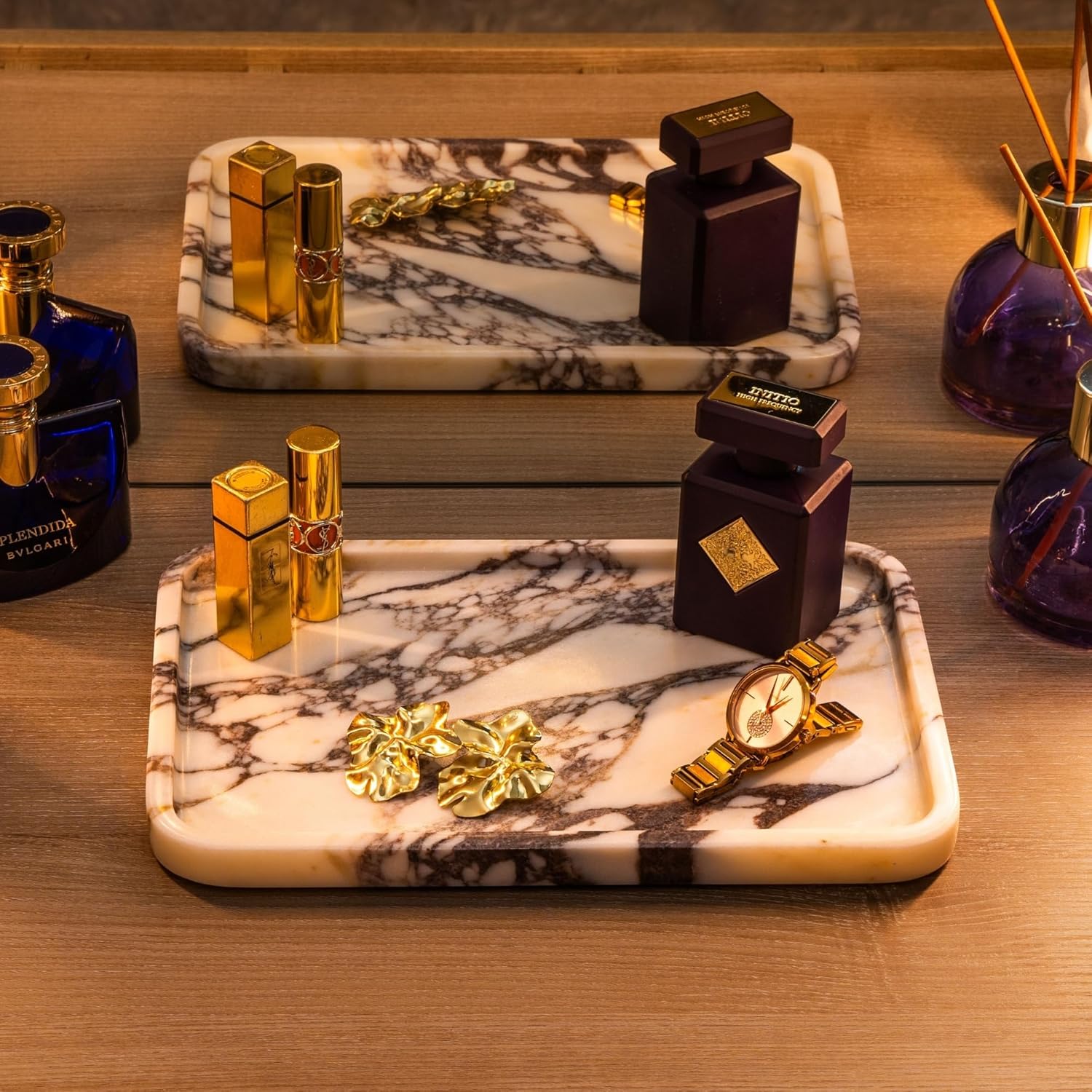 Marble Tray / Elegant Stone Marble Decorative Tray for Vanity / Calacatta Viola / Straight / Natural