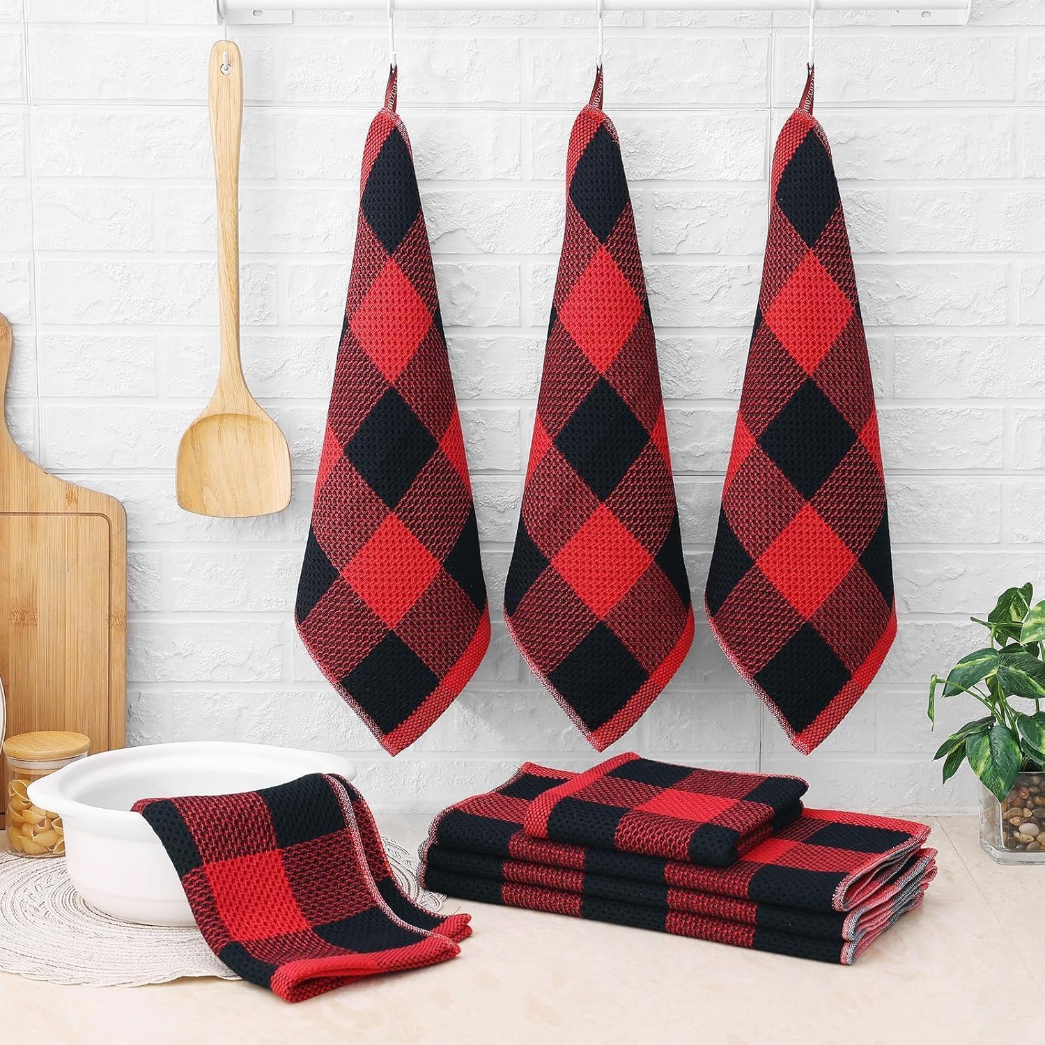 Homaxy Kitchen Towels and Dishcloths Set, Set of 12, Black & Red | Bulk Cotton Waffle Weave Check Plaid Kitchen Towels