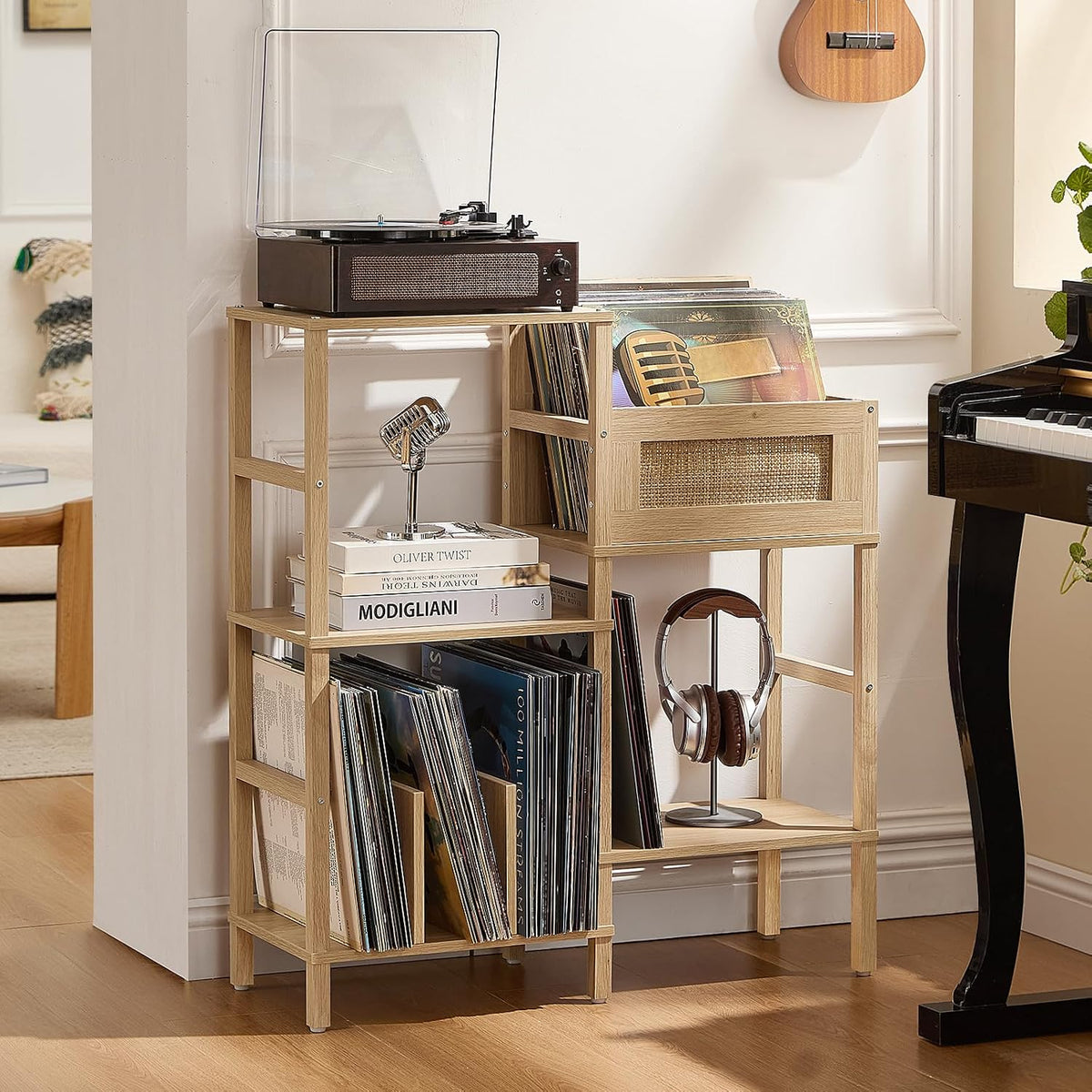 Record Player Stand, Natural Oak Wood Record Holder with Vinyl Storage Holds up to 300+ Albums, 3-Tier Rattan Media