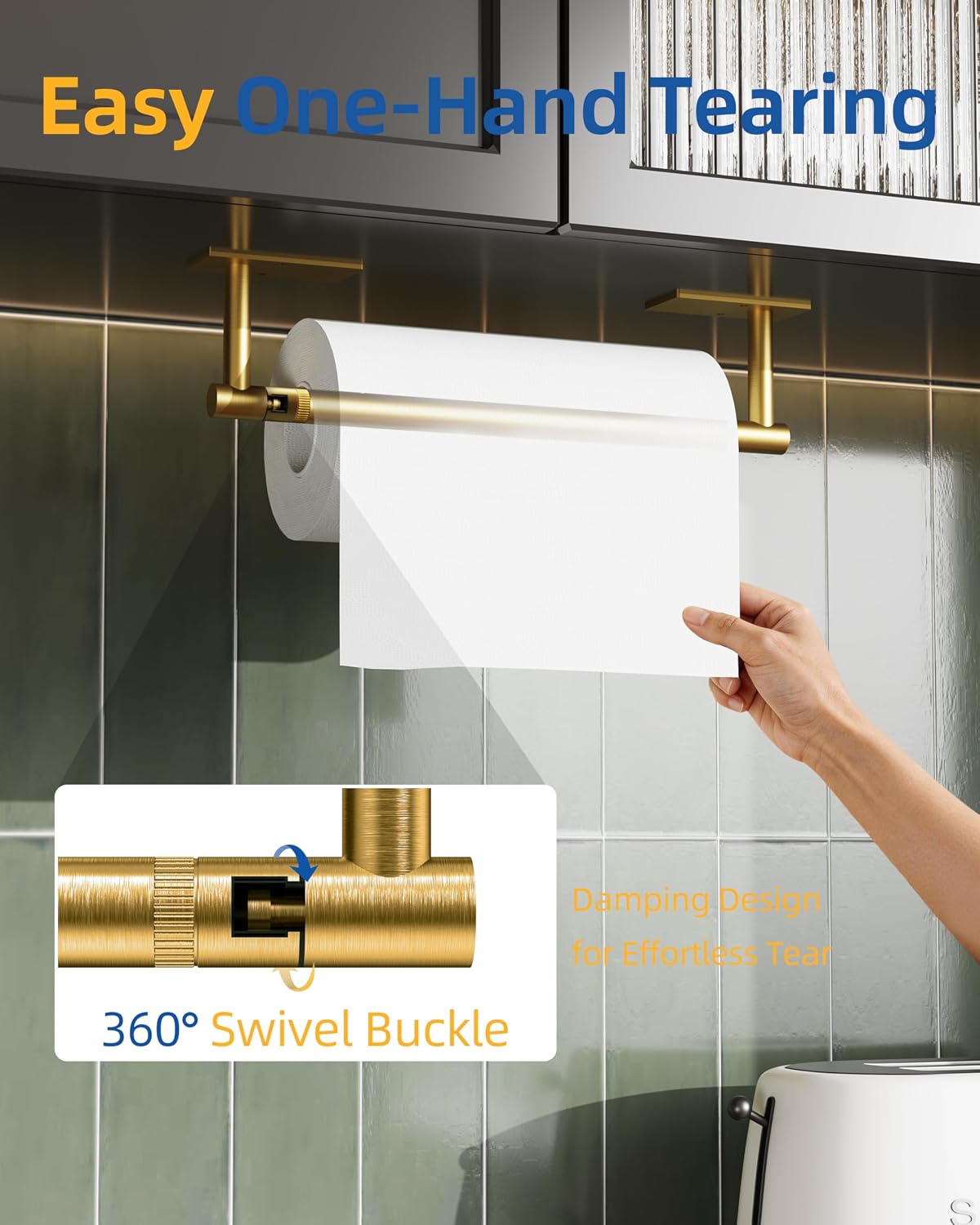 RUACQ Paper Towel Holder Under Cabinet, Stainless Steel, Brushed Gold | Drill Wall Mount or Adhesive, Square Base