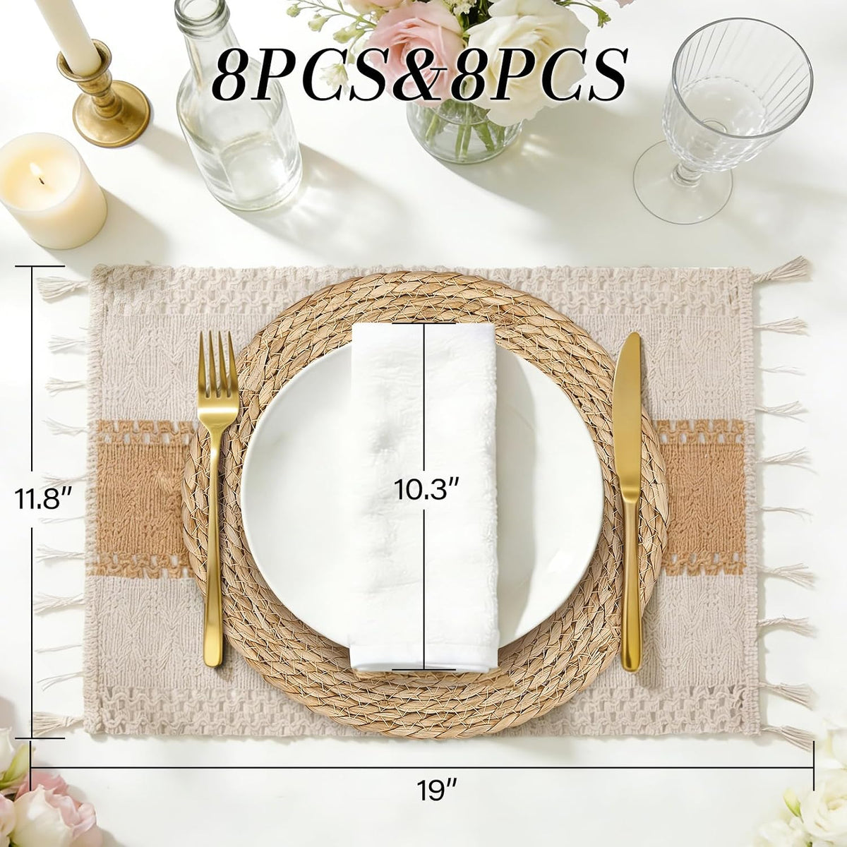 Placemats Set of 8 - Rattan Round Place Mats & 11.8” x 17” Cotton Braided Placemat for Dining Table Setting, Rustic