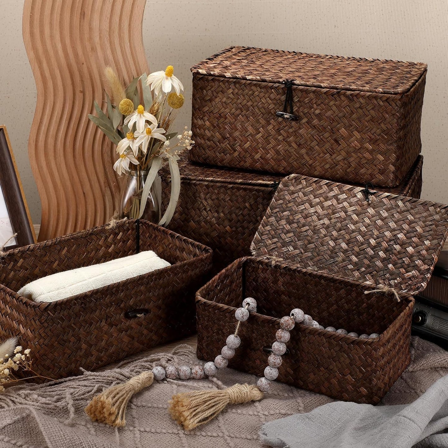 Wicker Baskets / Woven Rectangular Basket Bins / Coffee / Set of 4