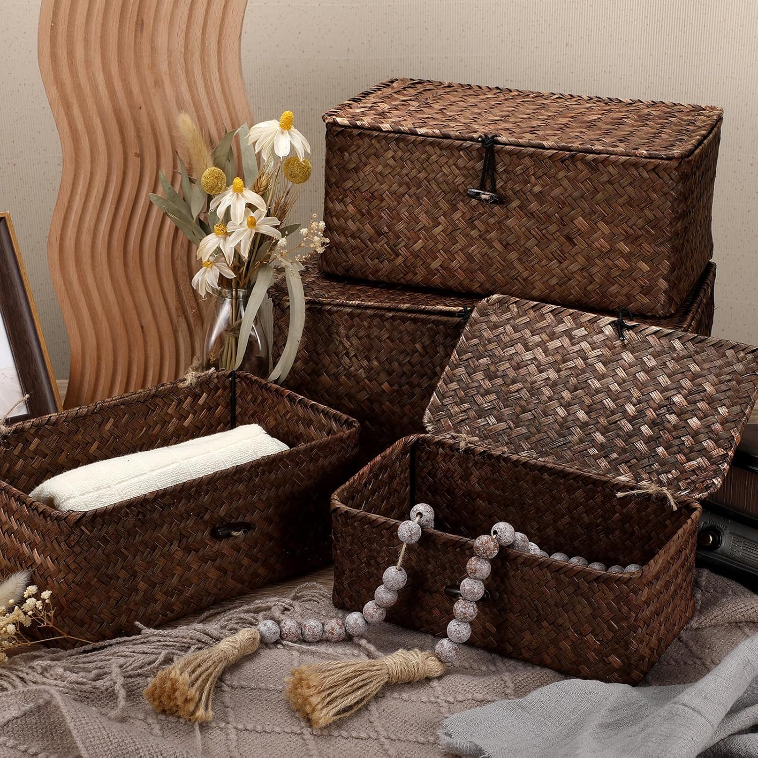 Wicker Baskets / Woven Rectangular Basket Bins / Coffee / Set of 4
