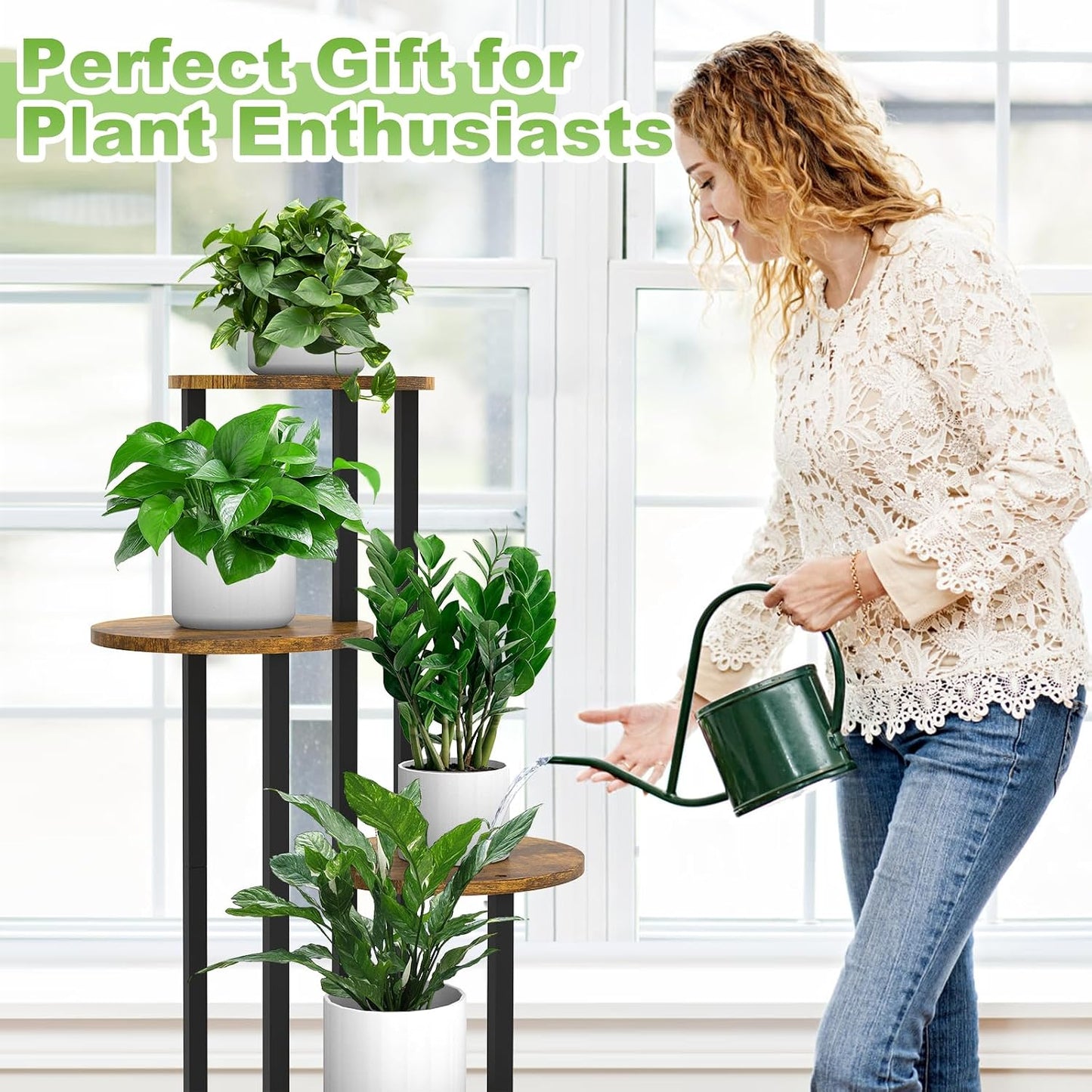 5 Tier Wood Tall Plant Stand Metal Rack Indoor, Multiple Flower Pot Holder Shelves Corner Rack, Round Planter Shelf
