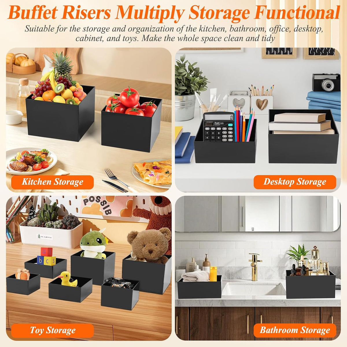 8Pcs Black Acrylic Buffet Risers with Mini Sign and Marker, Food Display Risers for Party Catering Dessert Jewelry
