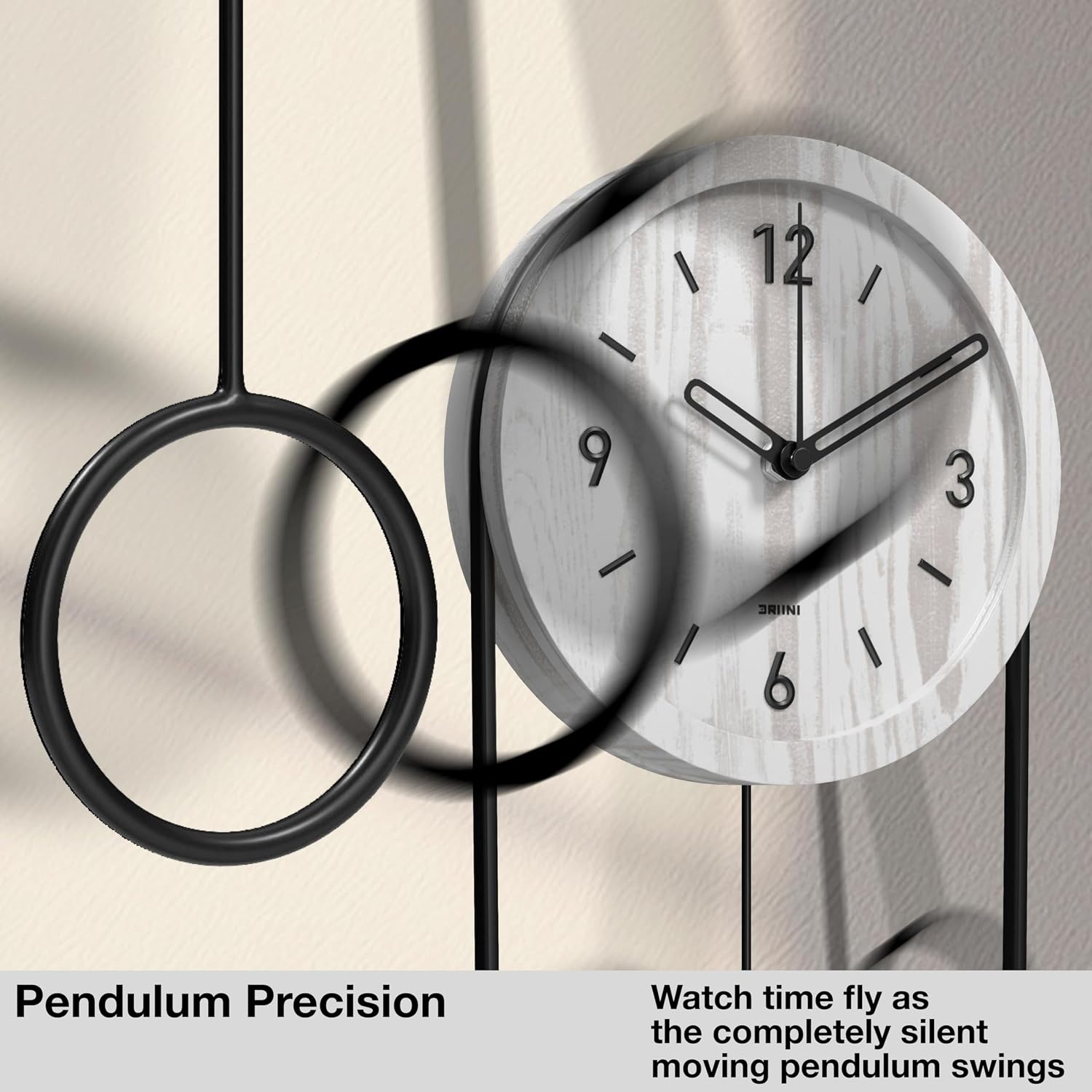 Driini Decorative Wall Clock with Pendulum (White) – Modern Wood, 3D Gold Numbers, Metal Frame – Small, Unique Wall