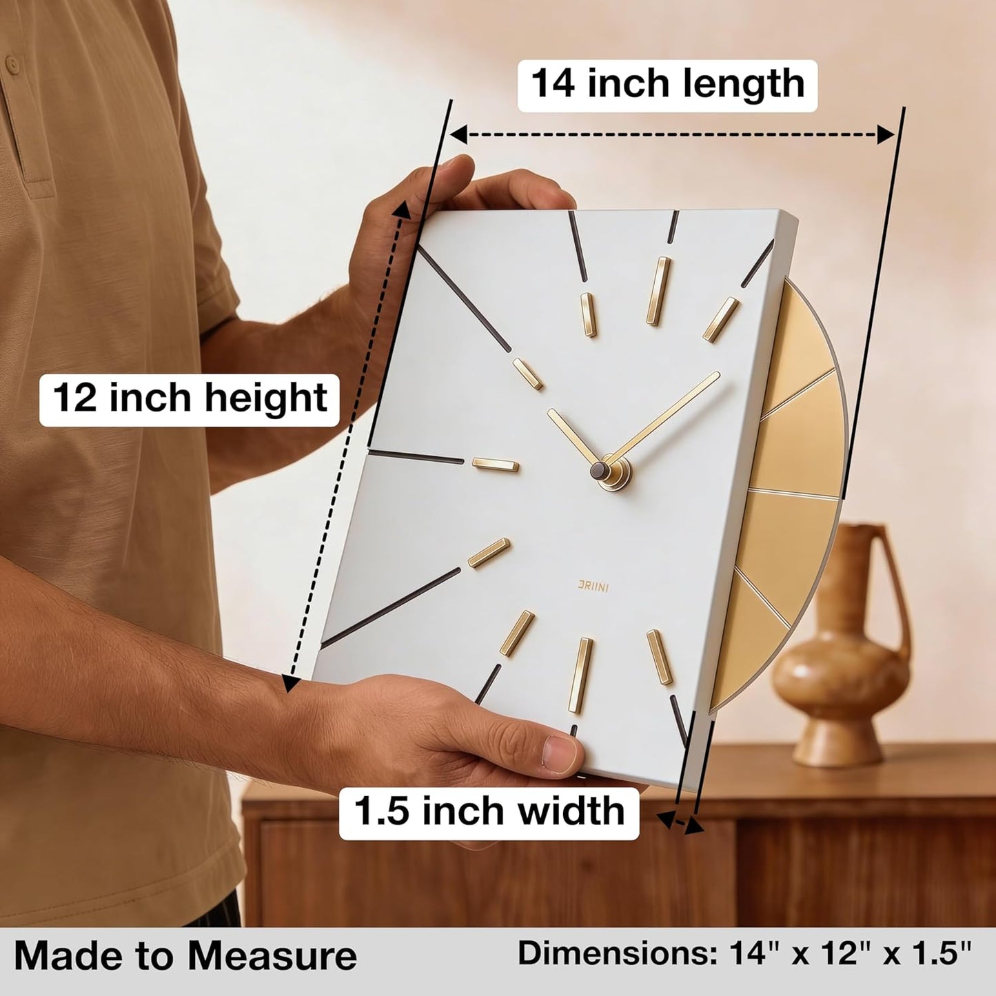 Driini Clocks Mid Century Modern Wall Clock - Square White Clock with Decorative Gold Accent- Unique and Cool Clock
