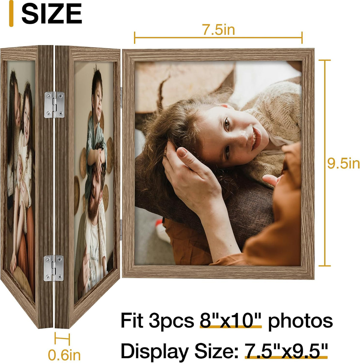 decorUhome Natural Triple 8x10 Picture Frame Vertical, MDNT08 | "Z" Shape Folding Design Engineered Wood Trifold Photo