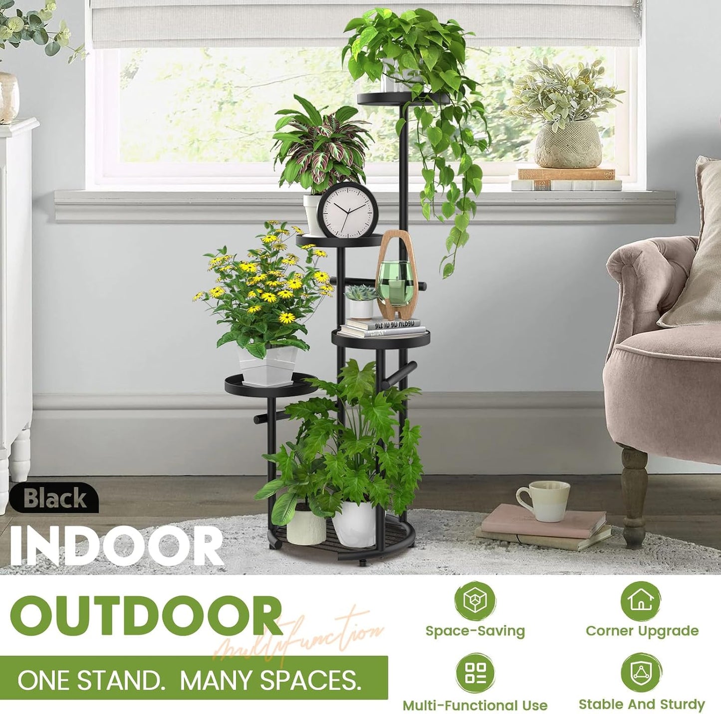 TOSKING Tall 5-Tier Round Metal Corner Plant Stand Indoor, Anti-Tip, Black | 37.7-Inch Height, Space-Saving Design