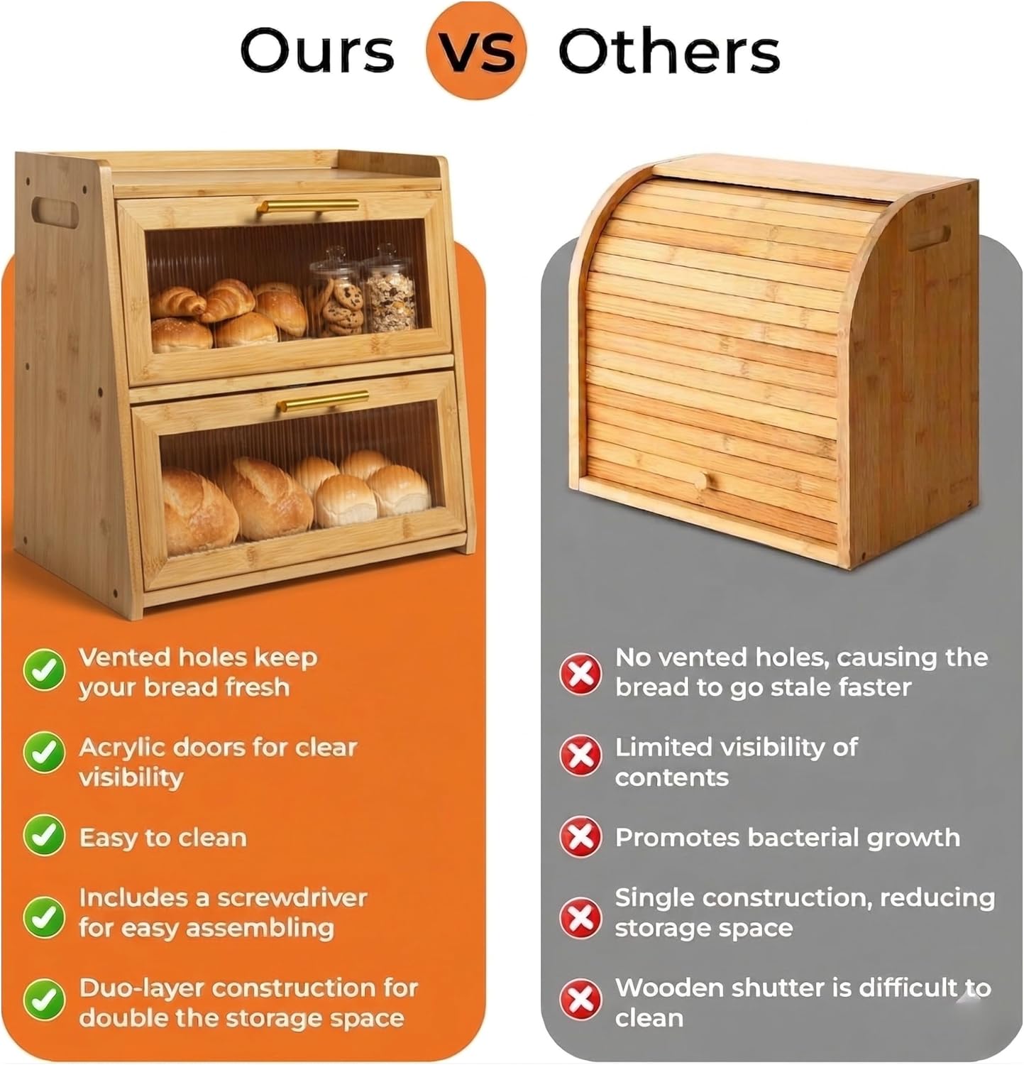 Extra Large Bamboo Bread Box for Kitchen Countertop, Double Layer Wooden Breadbox Holds Multiple Loaves of Homemade
