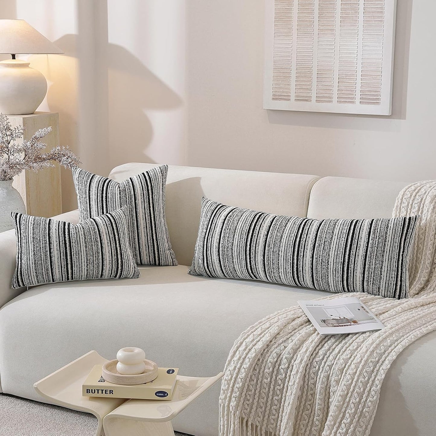 Chenille Throw Decorative Pillow Covers / Black Stripe / 18 x 18 / Set of 2