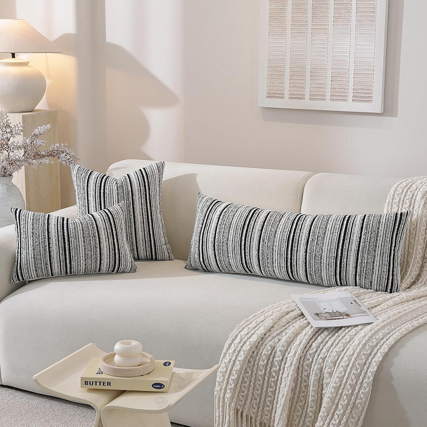 Chenille Throw Decorative Pillow Covers / Black Stripe / 18 x 18 / Set of 2