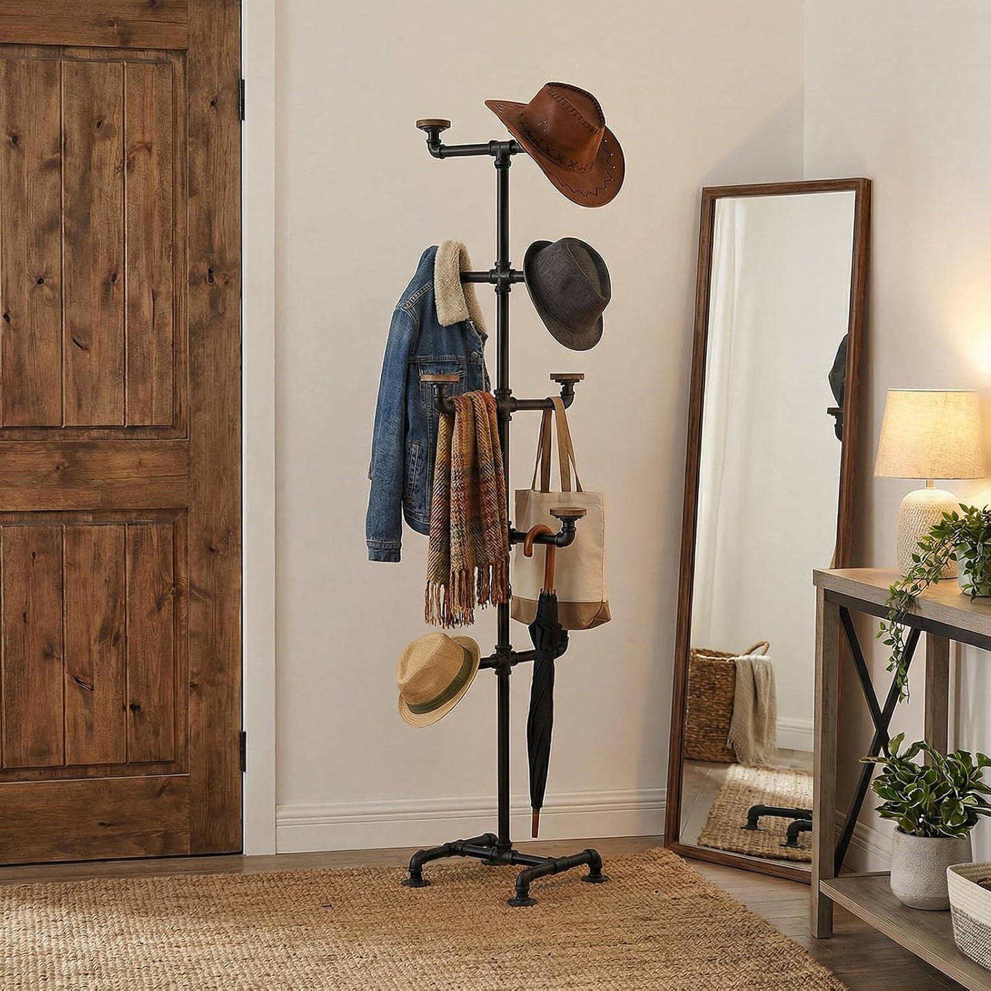 MyGift Hat Rack Stand,Standing Hat Organizer Tree, Baseball Caps Cowboy Hat Display, Industrial Black Metal Pipe Rack