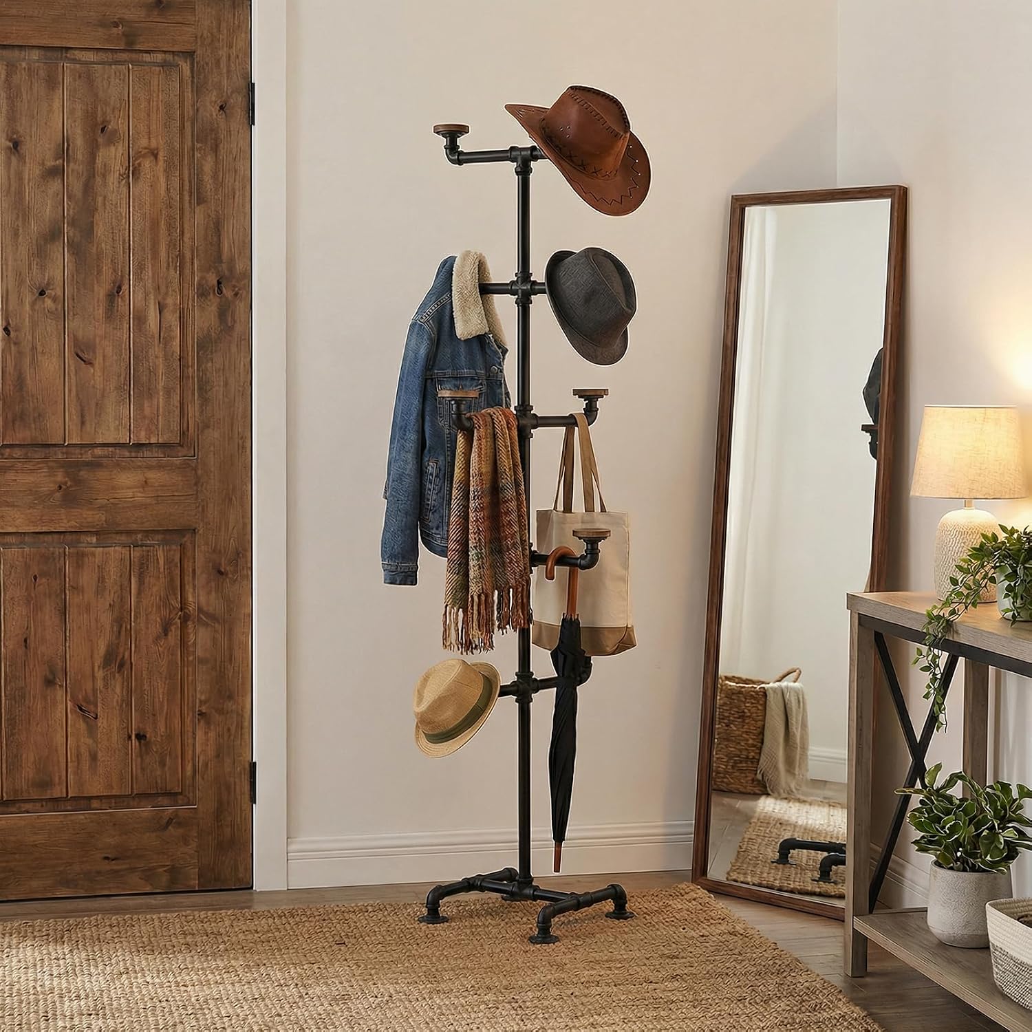 MyGift Hat Rack Stand,Standing Hat Organizer Tree, Baseball Caps Cowboy Hat Display, Industrial Black Metal Pipe Rack