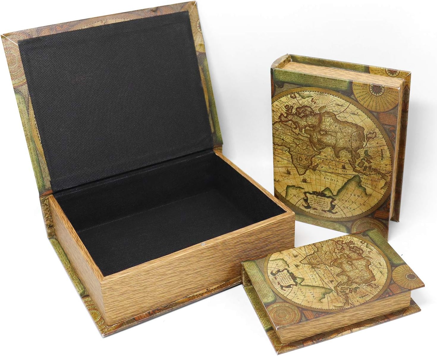 Magnetic cover / Decorative Book Boxes World Pattern Antique Book Invisible box / Map / Set of 3