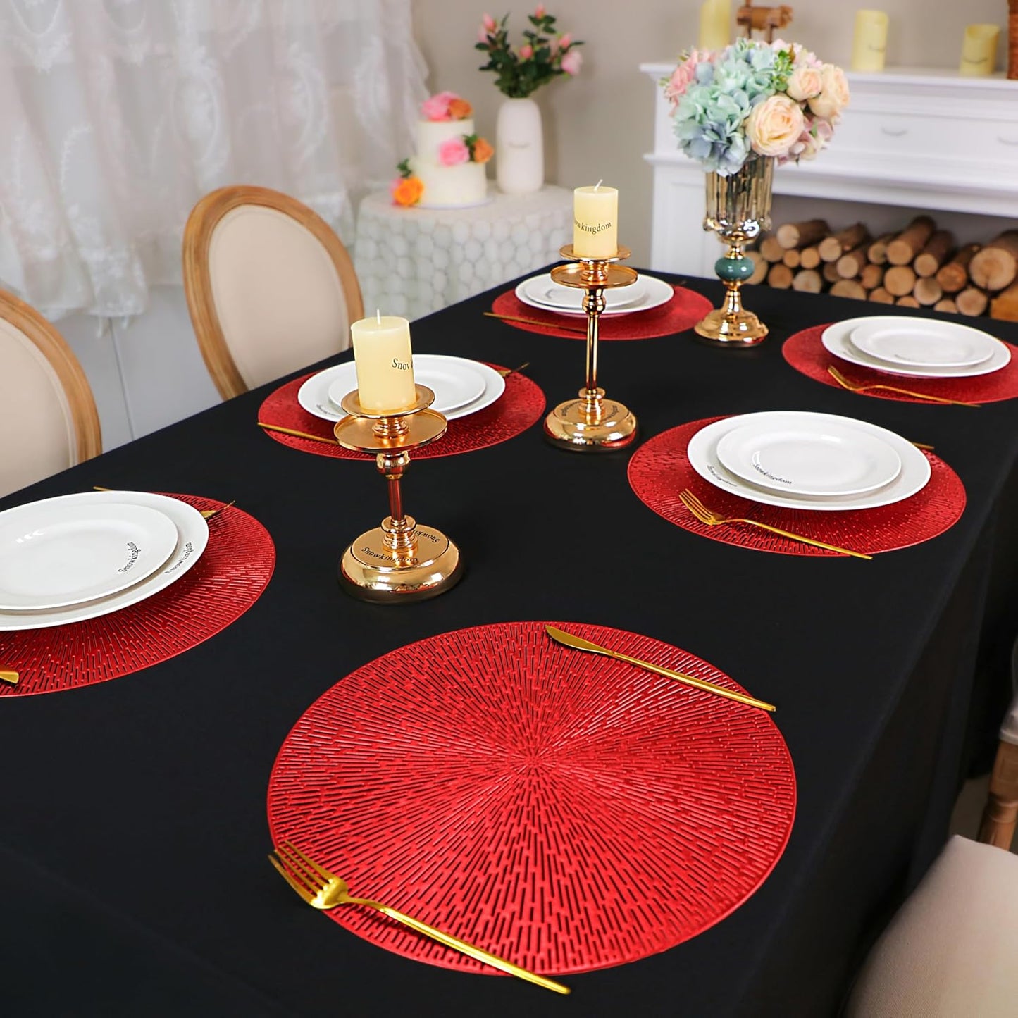 Snowkingdom Red Valentines Placemats Set of 18, Round Vinyl Hollow 15 Inch Metallic Place mats, Washable Wipeable Non