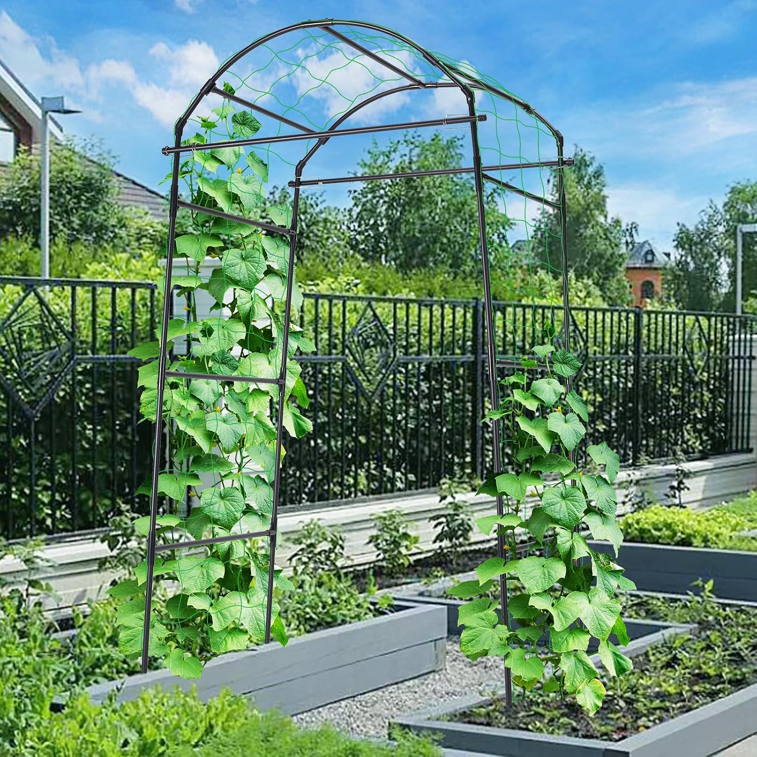 FOLLOOK 6.7FT Garden Arch Trellis for Climbing Plants Outdoor, Black | Metal Cucumber Trellis for Raised Beds with