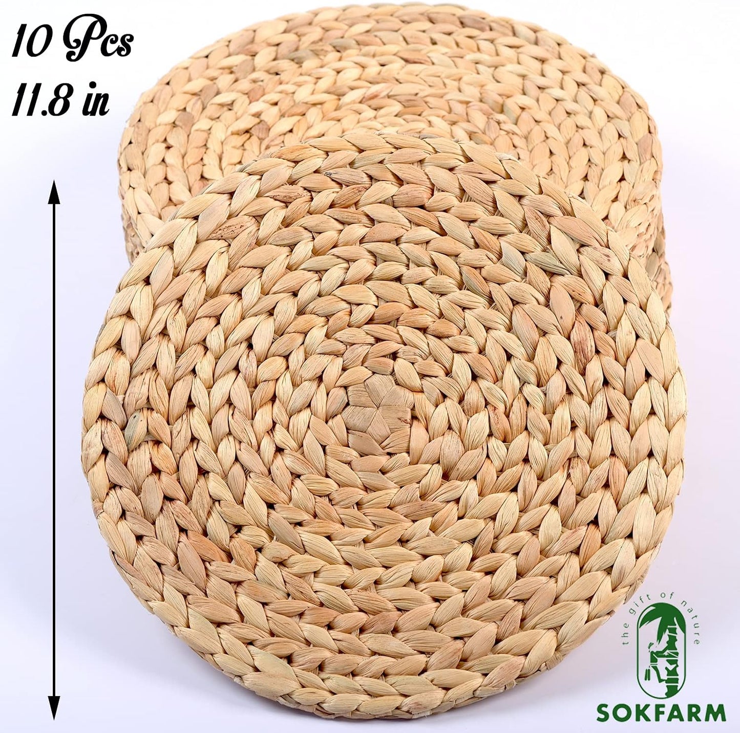 Round Woven Placemats Set of 10, Water Hyacinth Rattan Placemats 11.8 in, Small Charger Plates for Salad & Dessert