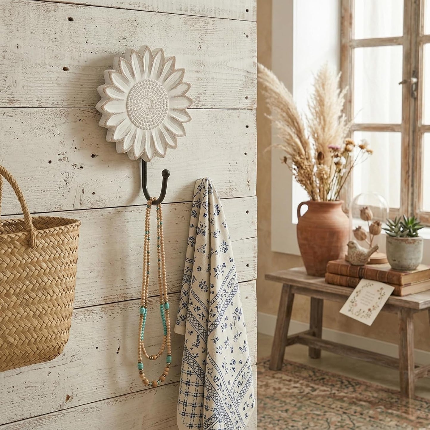 Rustic Wooden Sunflower Wall Hooks / White / Set of 2