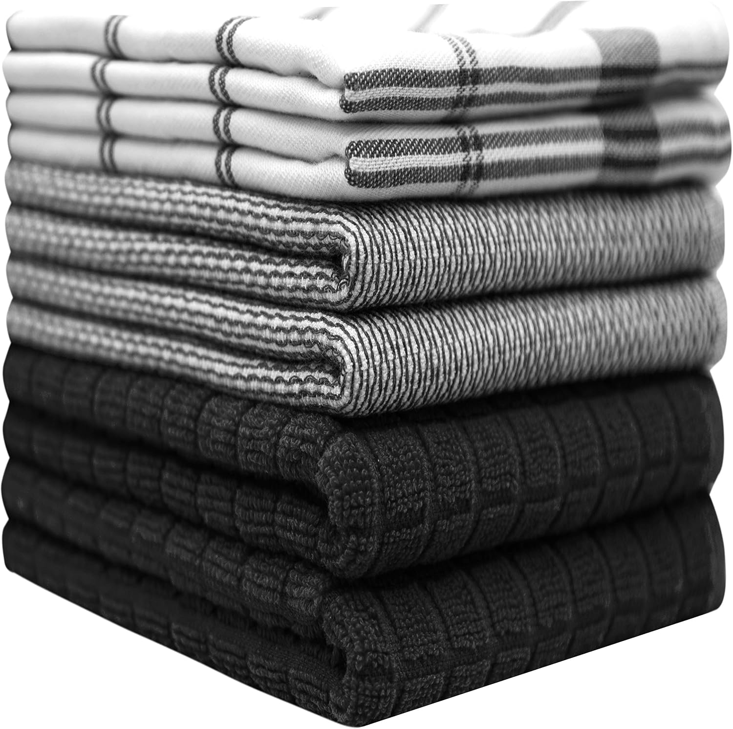 Premium Kitchen Towels 6 Pack 100% Cotton 20"x28" Dish Towels Black Check | Large Flat & Terry Kitchen Linen Set with