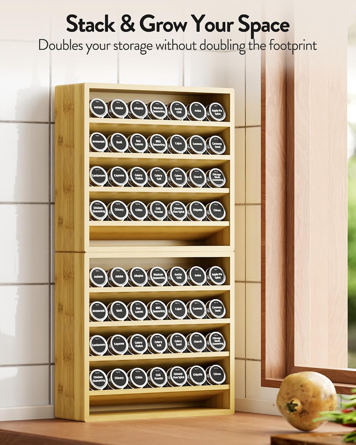 Orimade 4 Tier Spice Rack Organizer for Cabinet, Freestanding Bamboo Seasoning Rack for Countertop, Cupboard, Pantry