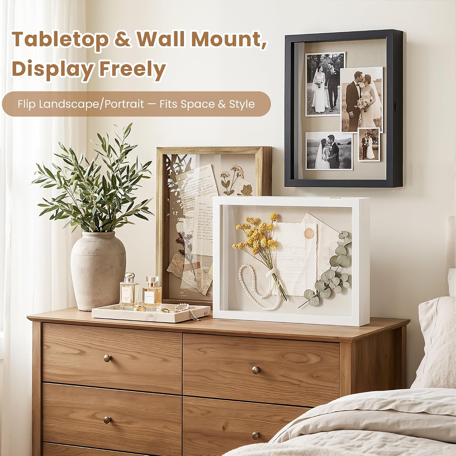 Love-KANKEI Deep Large Shadow Box 13x16.5,Solid Wood Frame,Memory Box,White | Front-Opening Glass Magnetic Door,Linen