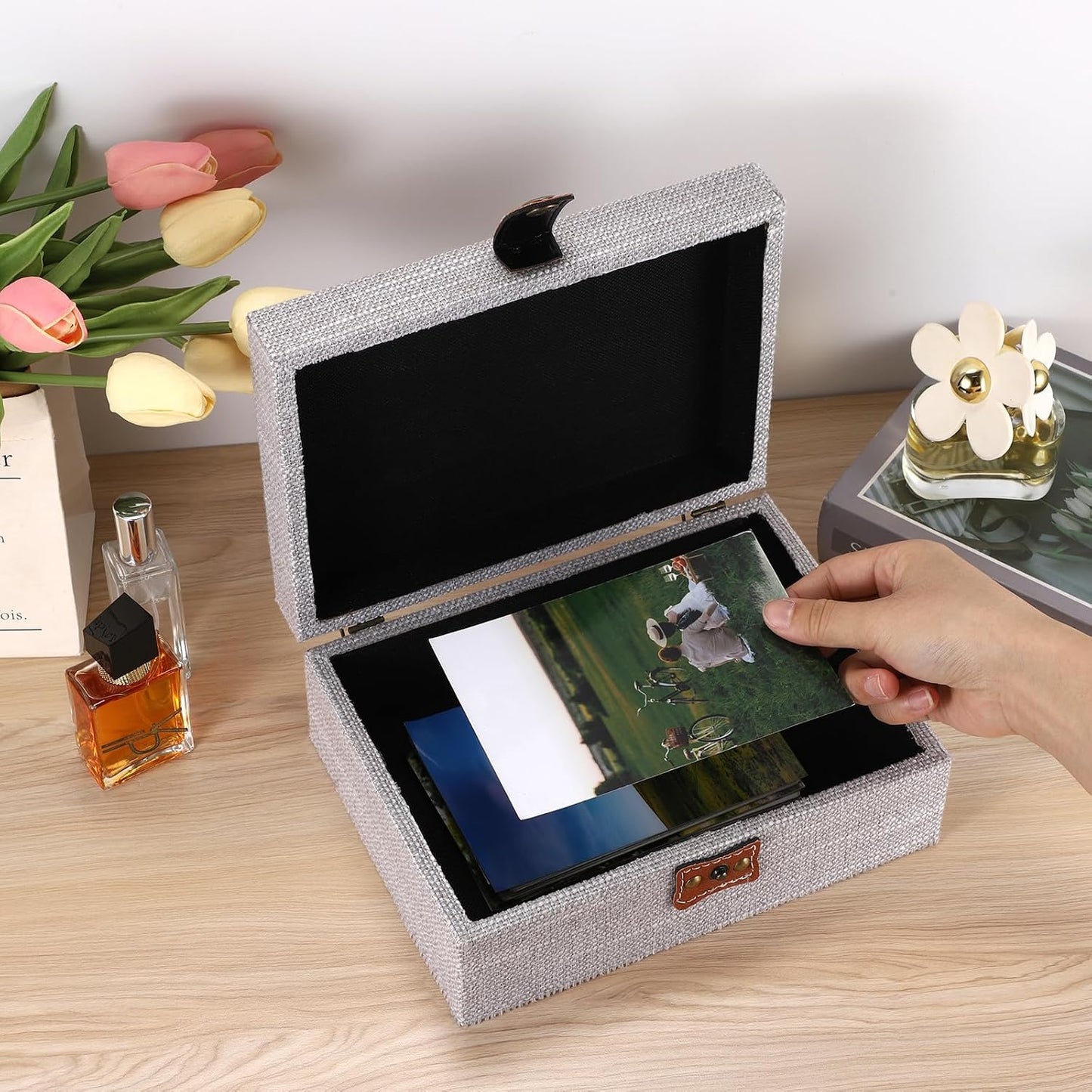 Linen Covered Treasure Chest for Women Gift Photo Organizer / Medium / Gray