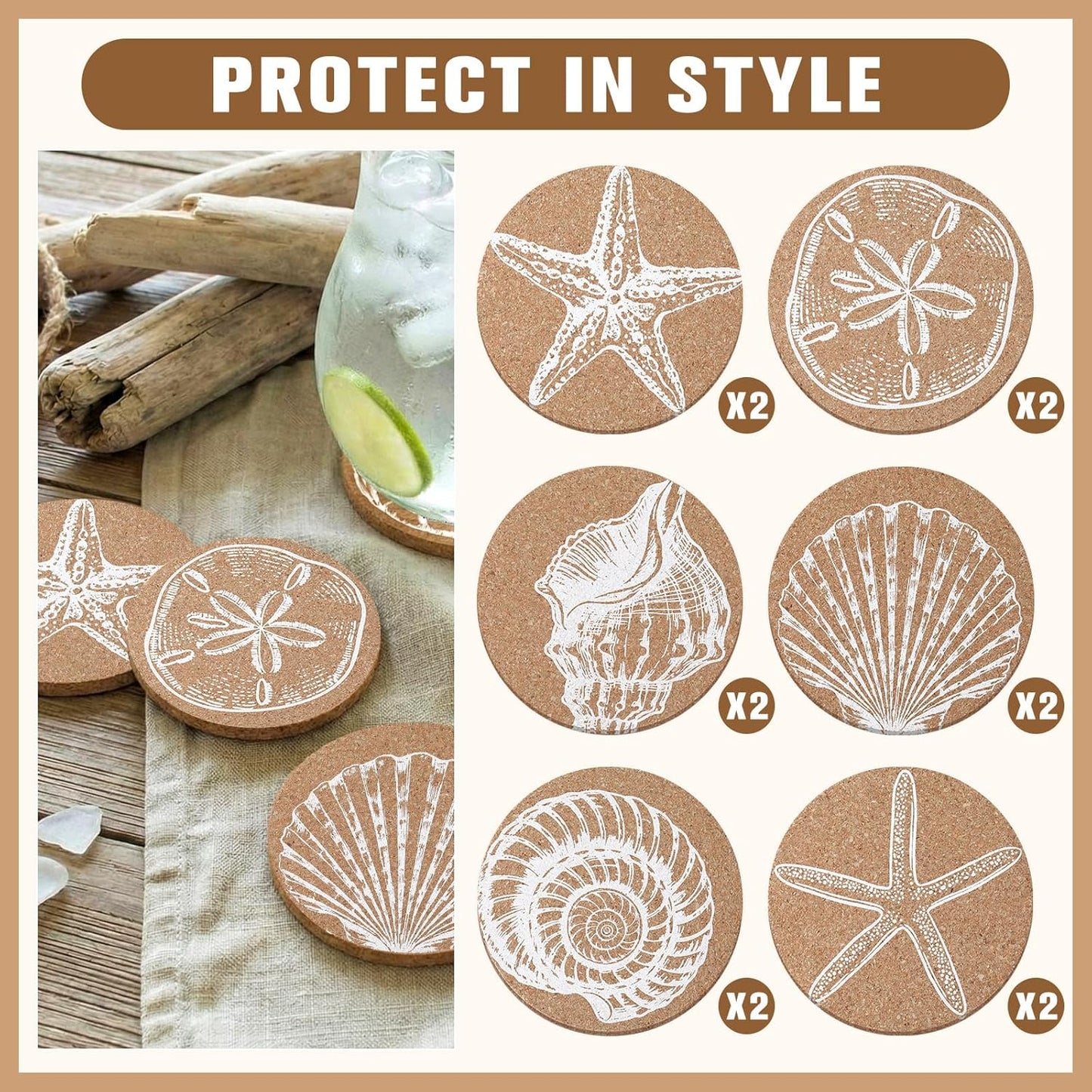 Coastal Coasters for Drinks Beach Cork Coasters Sea Shell Printed Round Absorbent Mat / Set of 12