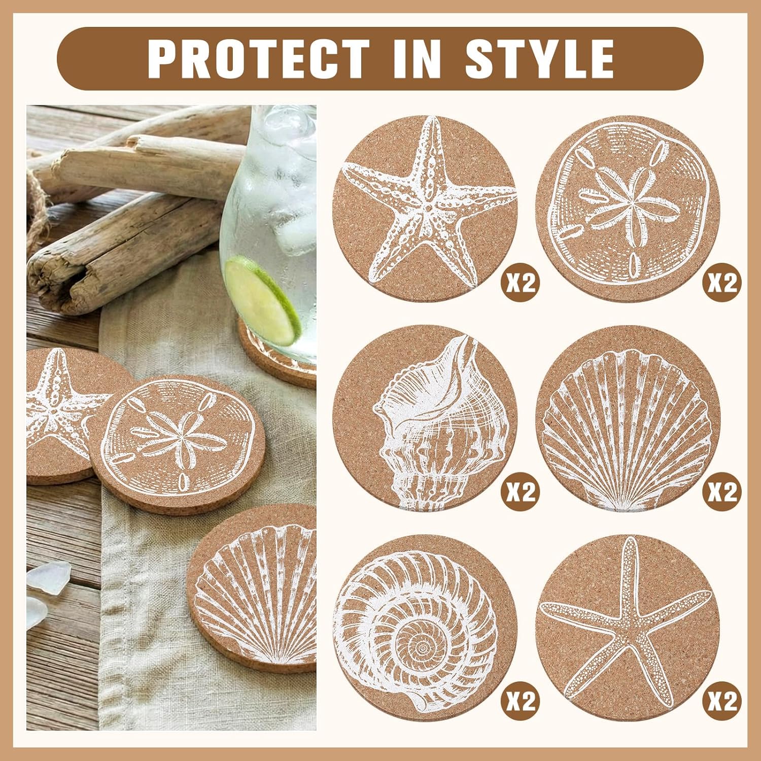 Coastal Coasters for Drinks Beach Cork Coasters Sea Shell Printed Round Absorbent Mat / Set of 12