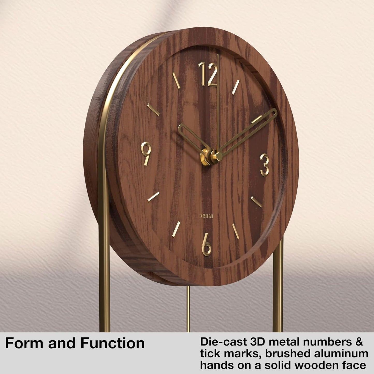 Driini Decorative Wall Clock with Pendulum (Walnut) – Modern Wood, 3D Gold Numbers, Metal Frame – Small, Unique Wall