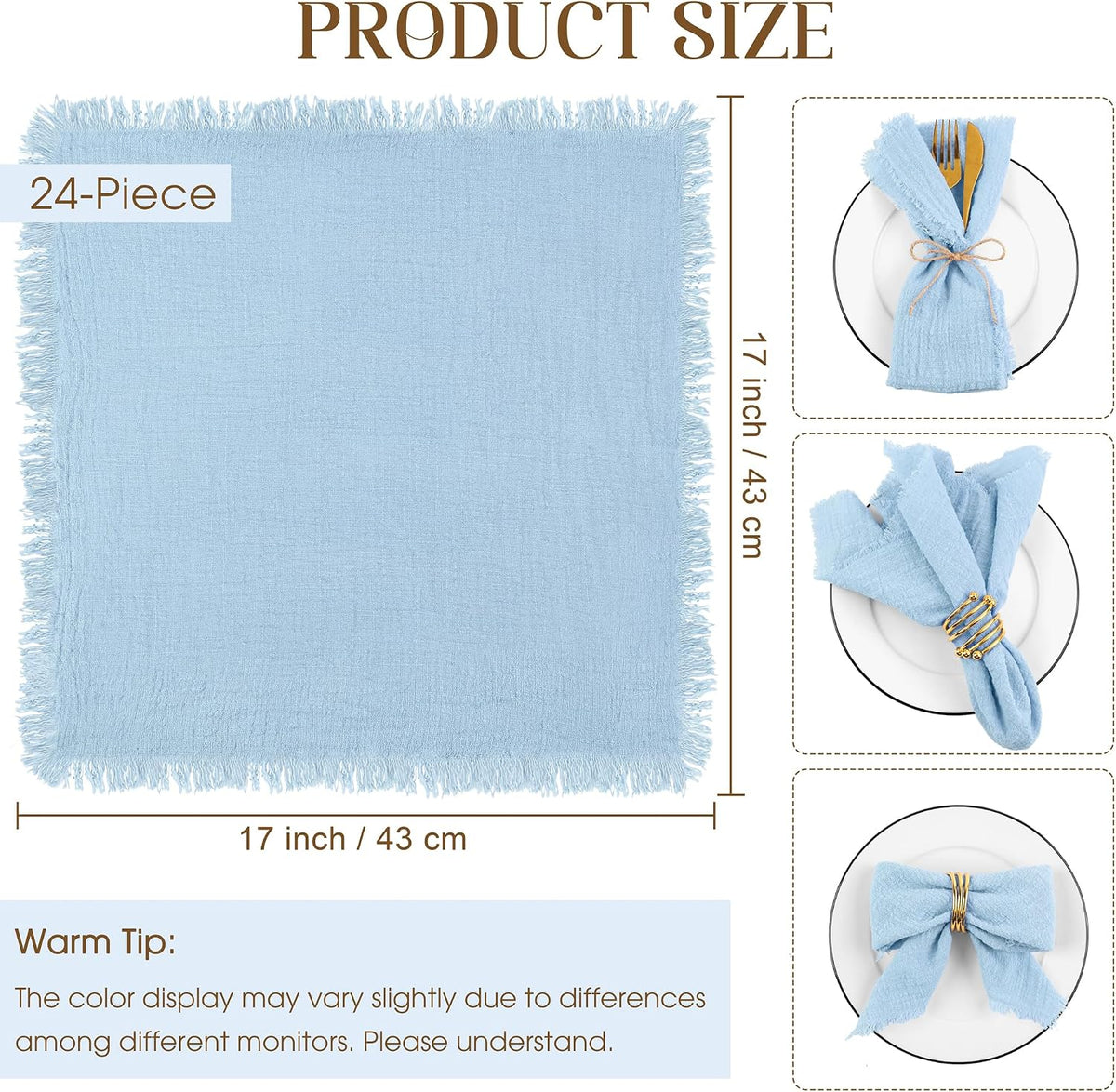 TURSTIN 24 Pieces Cotton Linen Cloth Napkin Handmade Cloth Napkin with Fringe 17 x 17 Inch Soft Cloth Dinner Wedding