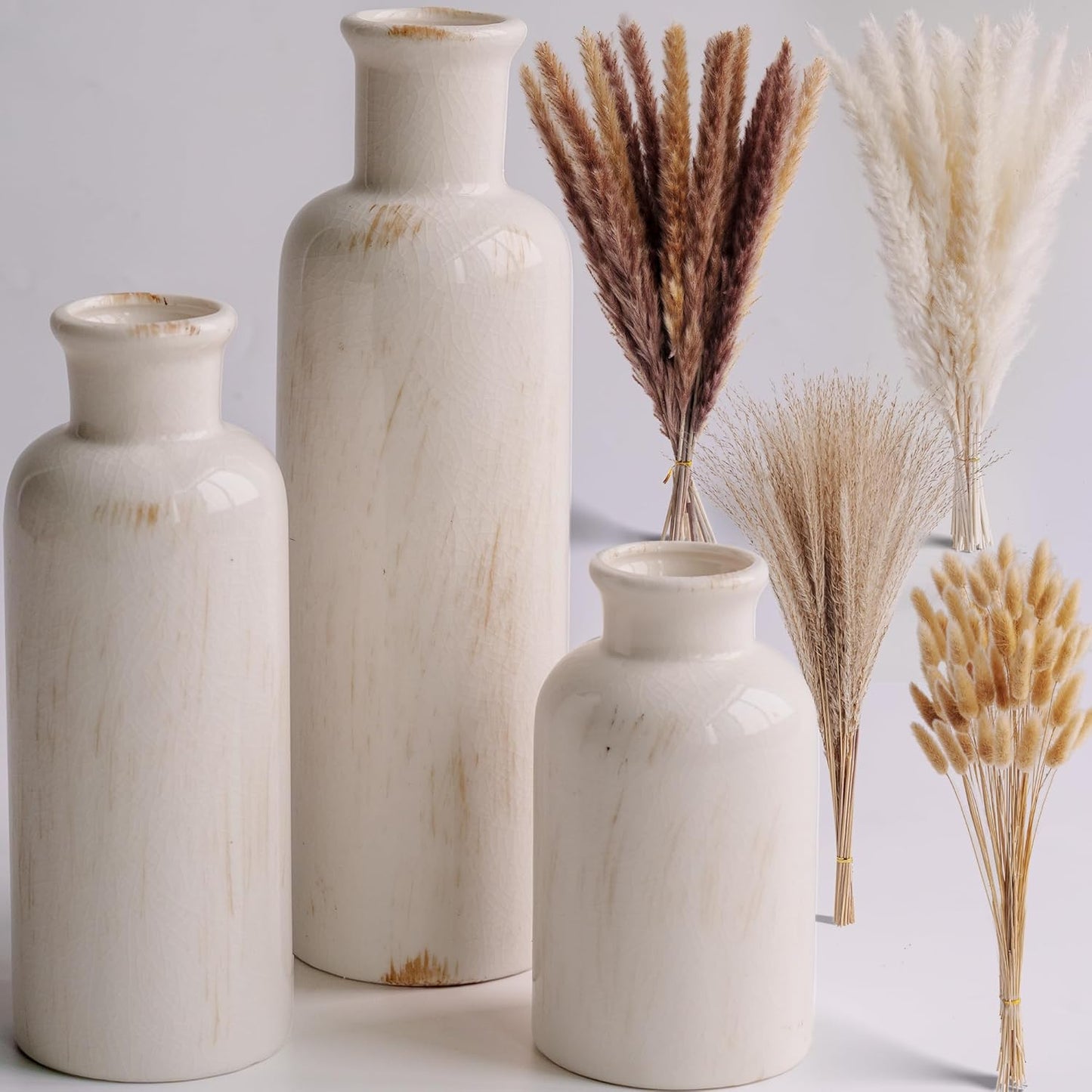 3 White Ceramic Vases / Beige