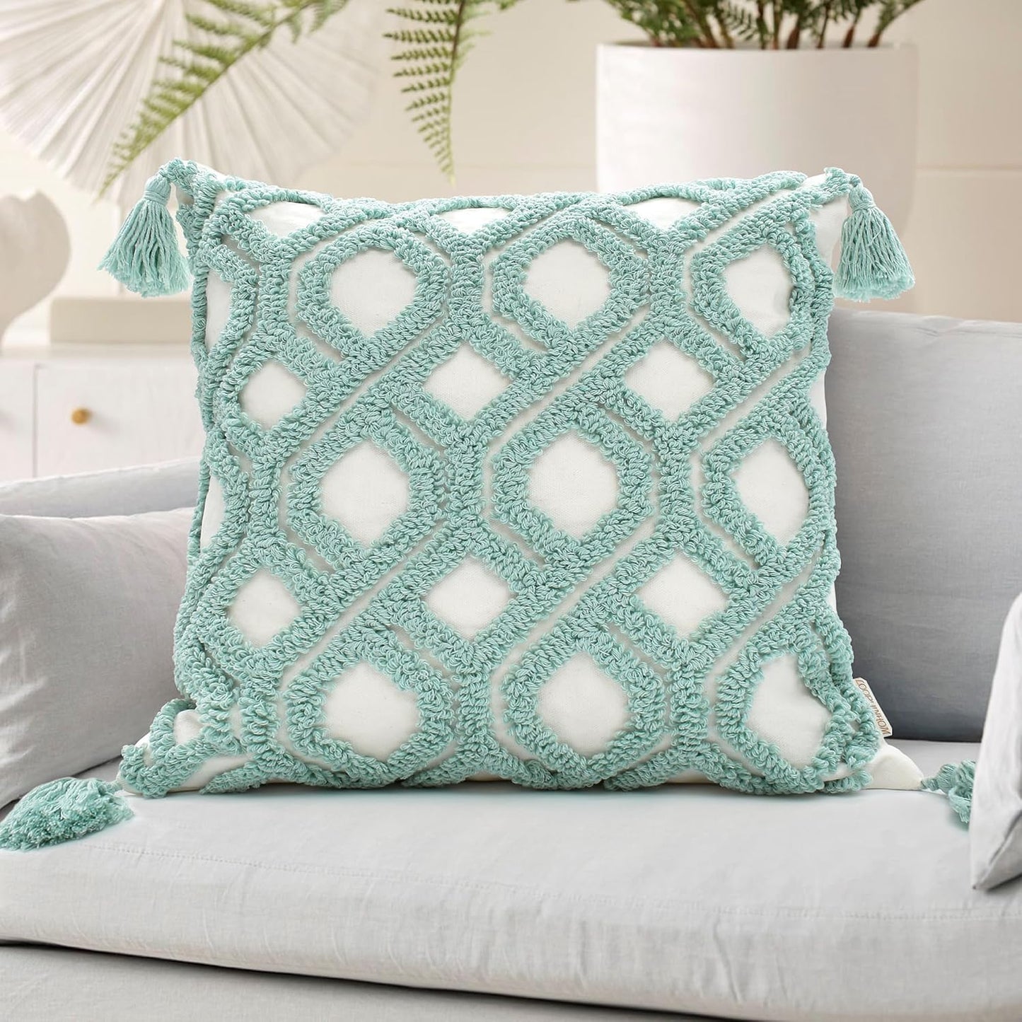 Boho Pillow Covers Boho Tufted Throw Pillow Covers Decorative Tassels Cushion / Boho Aqua / 18 x 18