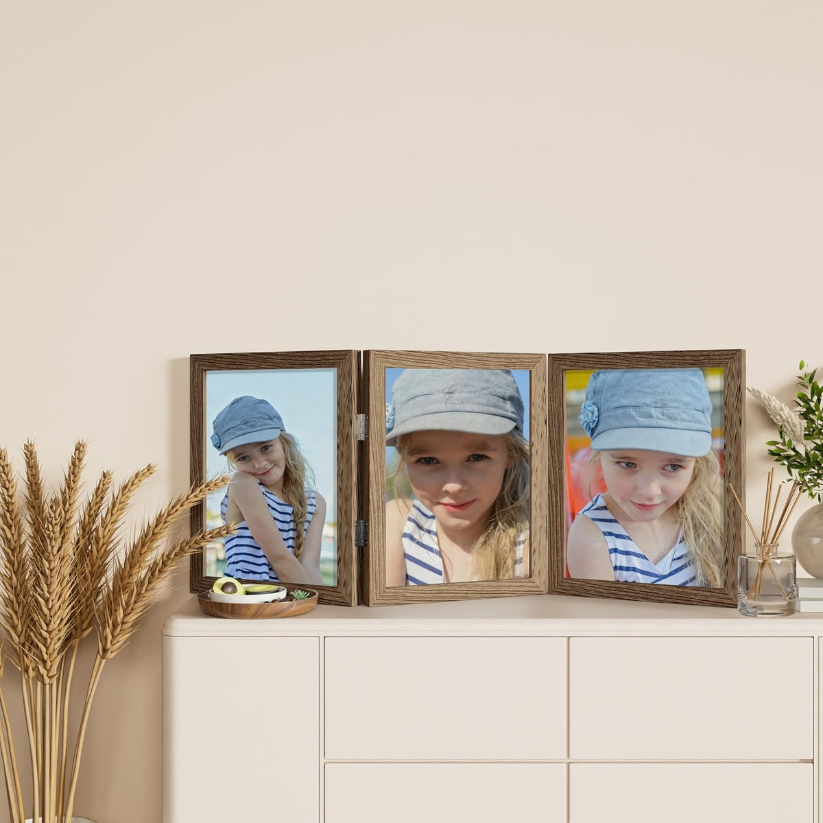 decorUhome Natural Triple 8x10 Picture Frame Vertical, MDNT08 | "Z" Shape Folding Design Engineered Wood Trifold Photo