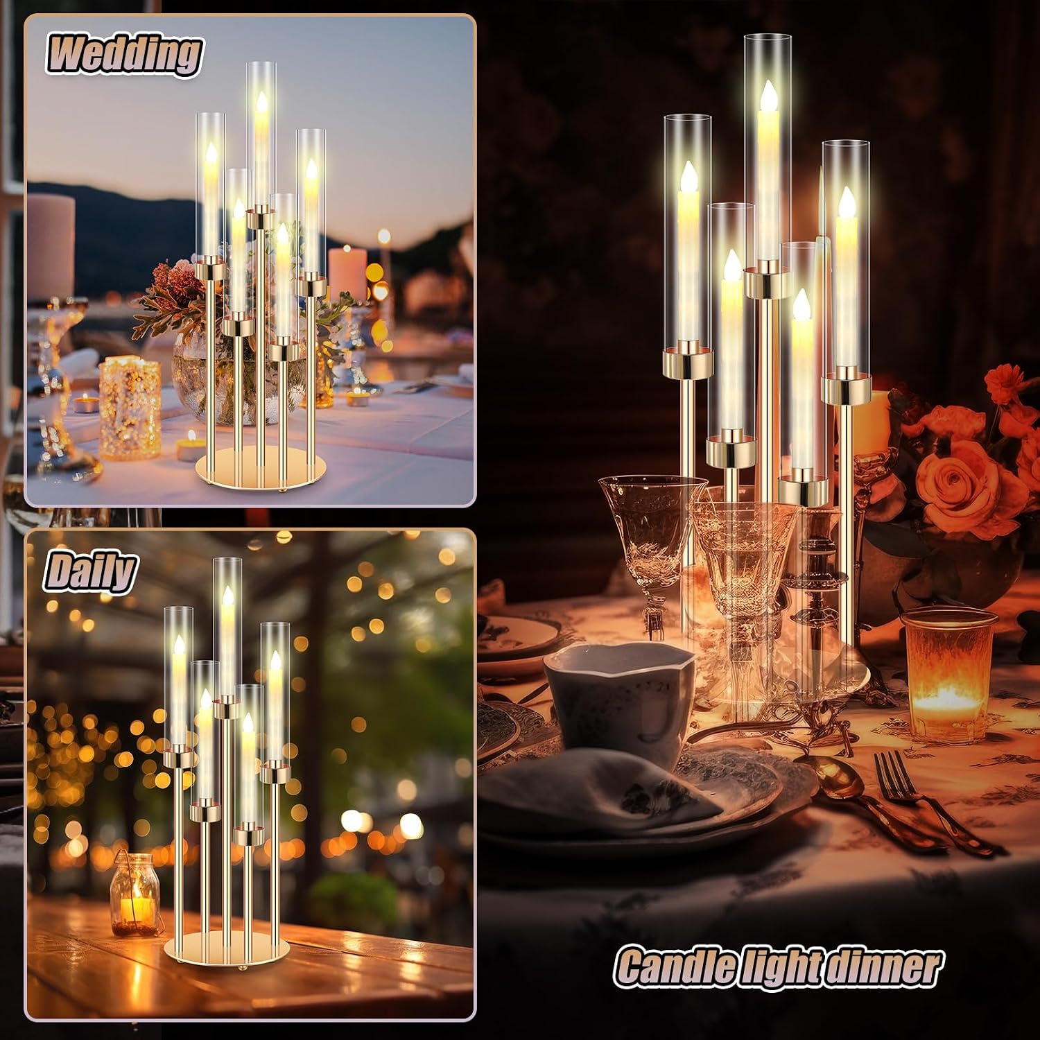 Tandefio 2 Set Gold Candelabra Centerpieces, 26.8" 5 Arm with LED Candles | Candelabra Centerpieces for Wedding Table
