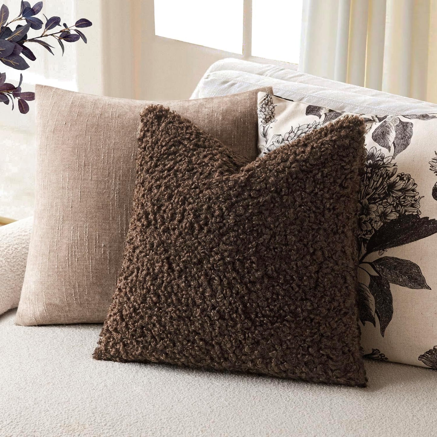 Faux Fur Throw Pillow Cover Accent Sherpa Furry Pillow / 18 x 18 / Chestnut / Brown / Set of 2