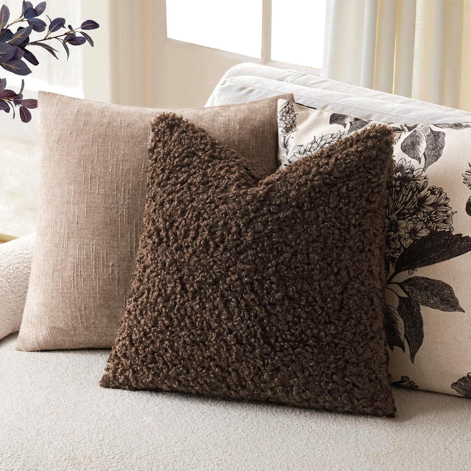 Faux Fur Throw Pillow Cover Accent Sherpa Furry Pillow / 18 x 18 / Chestnut / Brown / Set of 2
