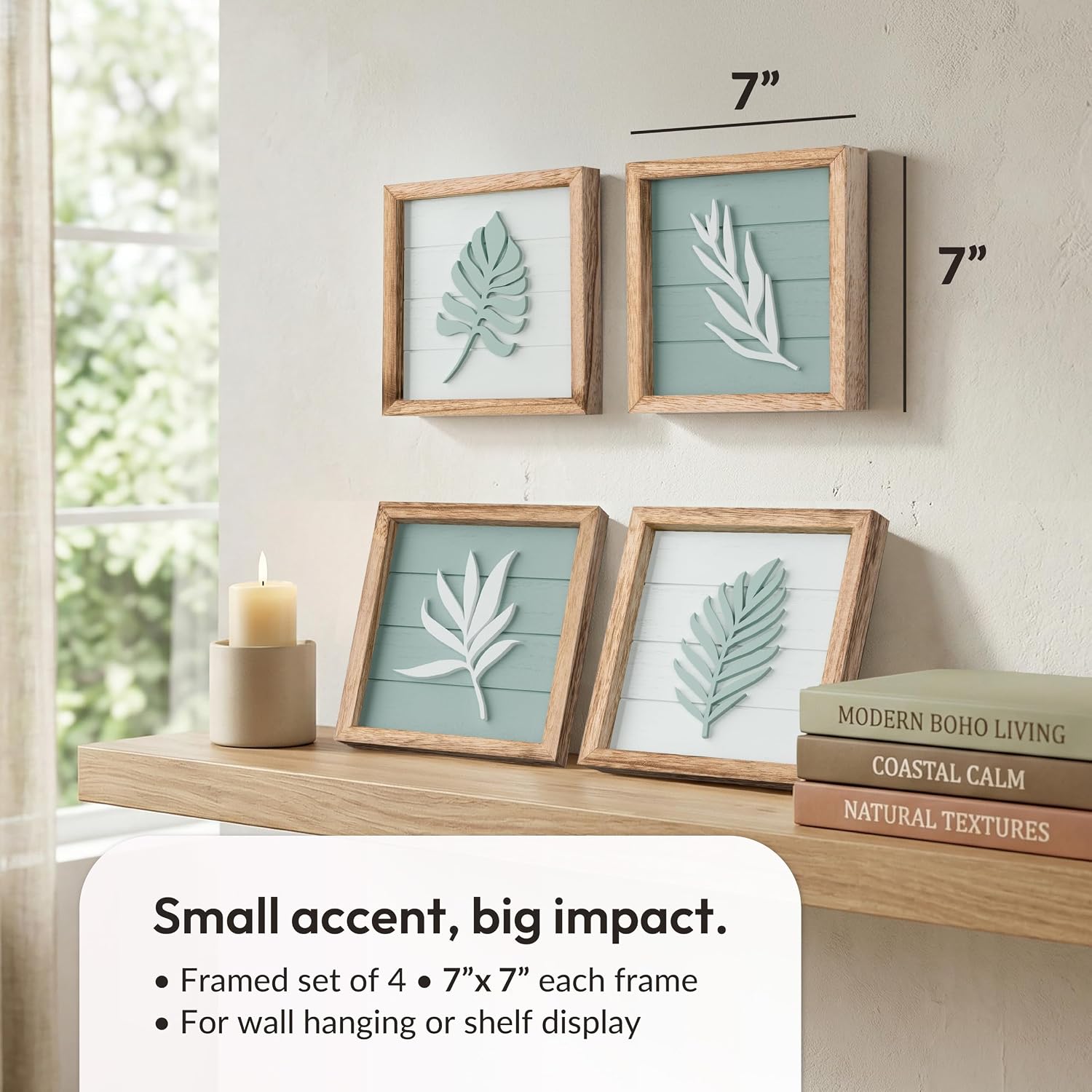 Textured Boho Botanical Bathroom Art Wall / Sage Green / Framed / 7 x 7 / Set of 4