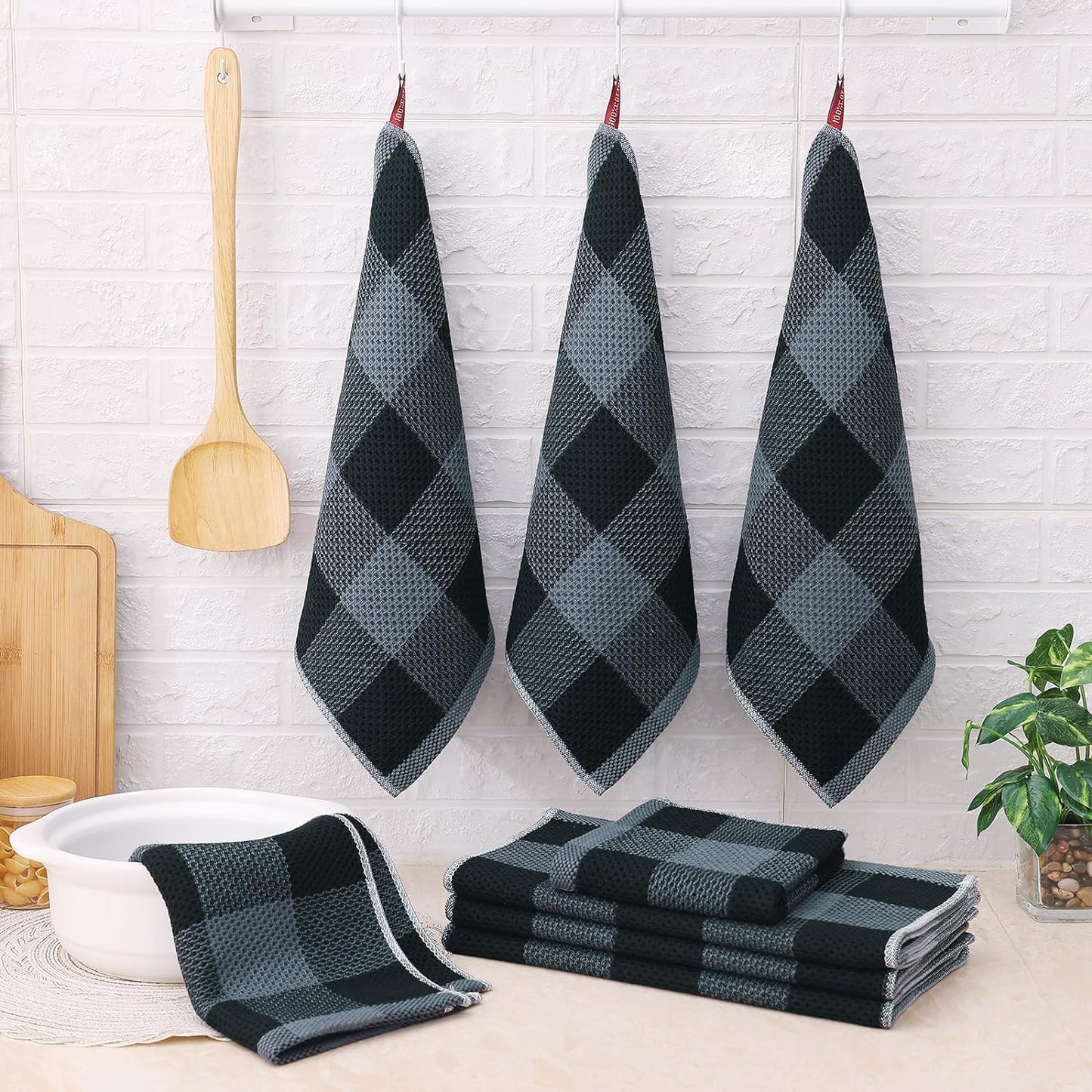 Homaxy Kitchen Towels and Dishcloths Set, Set of 12, Black & Grey | Bulk Cotton Waffle Weave Check Plaid Kitchen