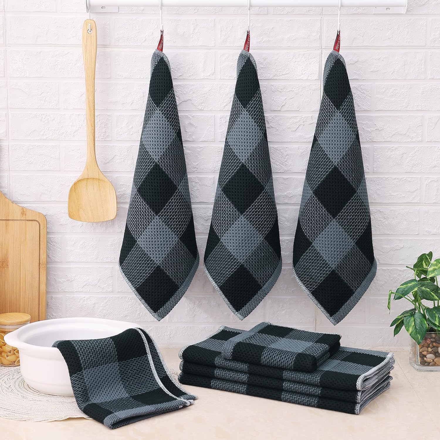 Homaxy Kitchen Towels and Dishcloths Set, Set of 12, Black & Grey | Bulk Cotton Waffle Weave Check Plaid Kitchen