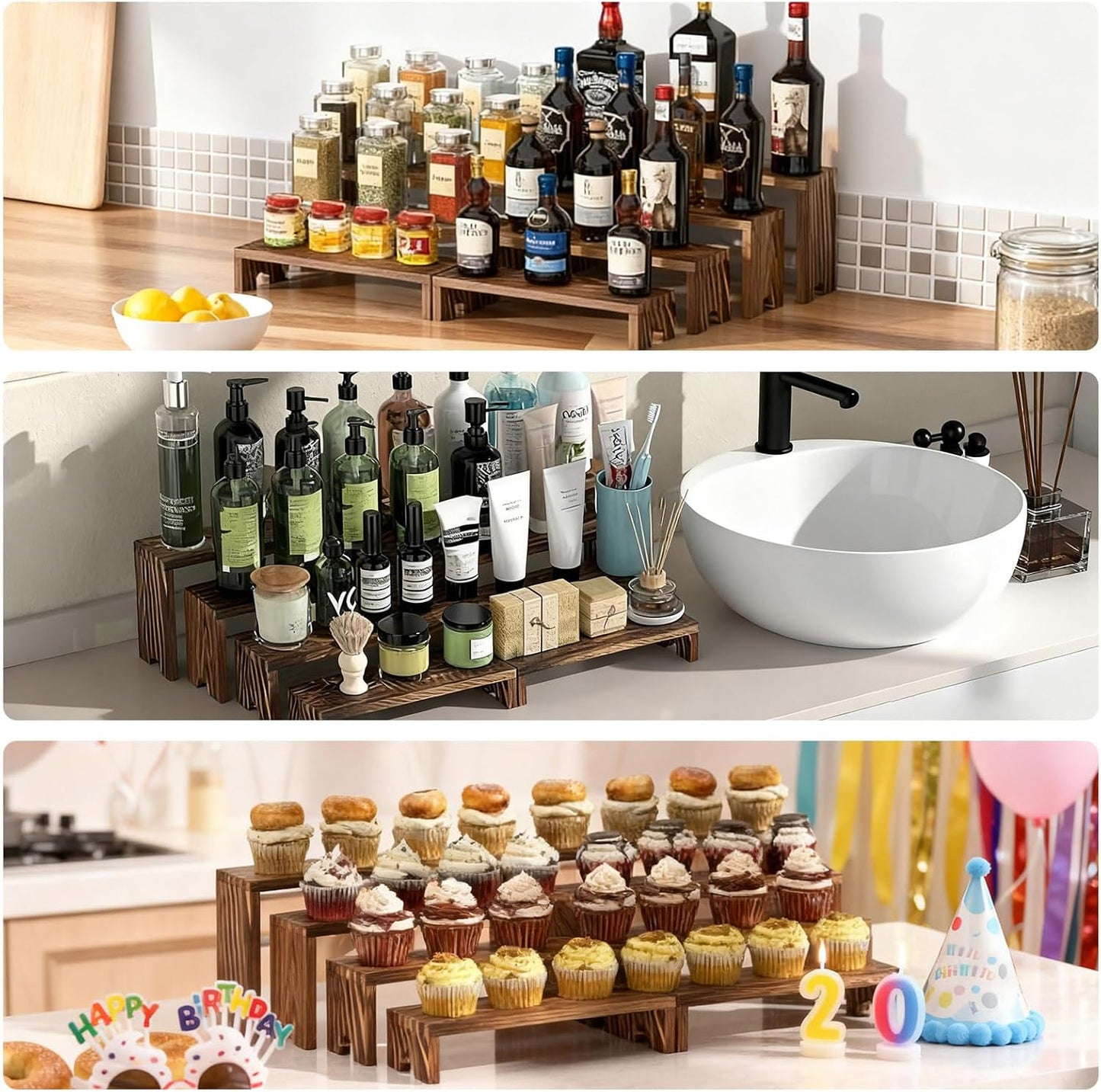 Large Stackable Wooden Cupcake Stand Tiered Riser Display Stands for Vendor / Dark Brown / Set of 2
